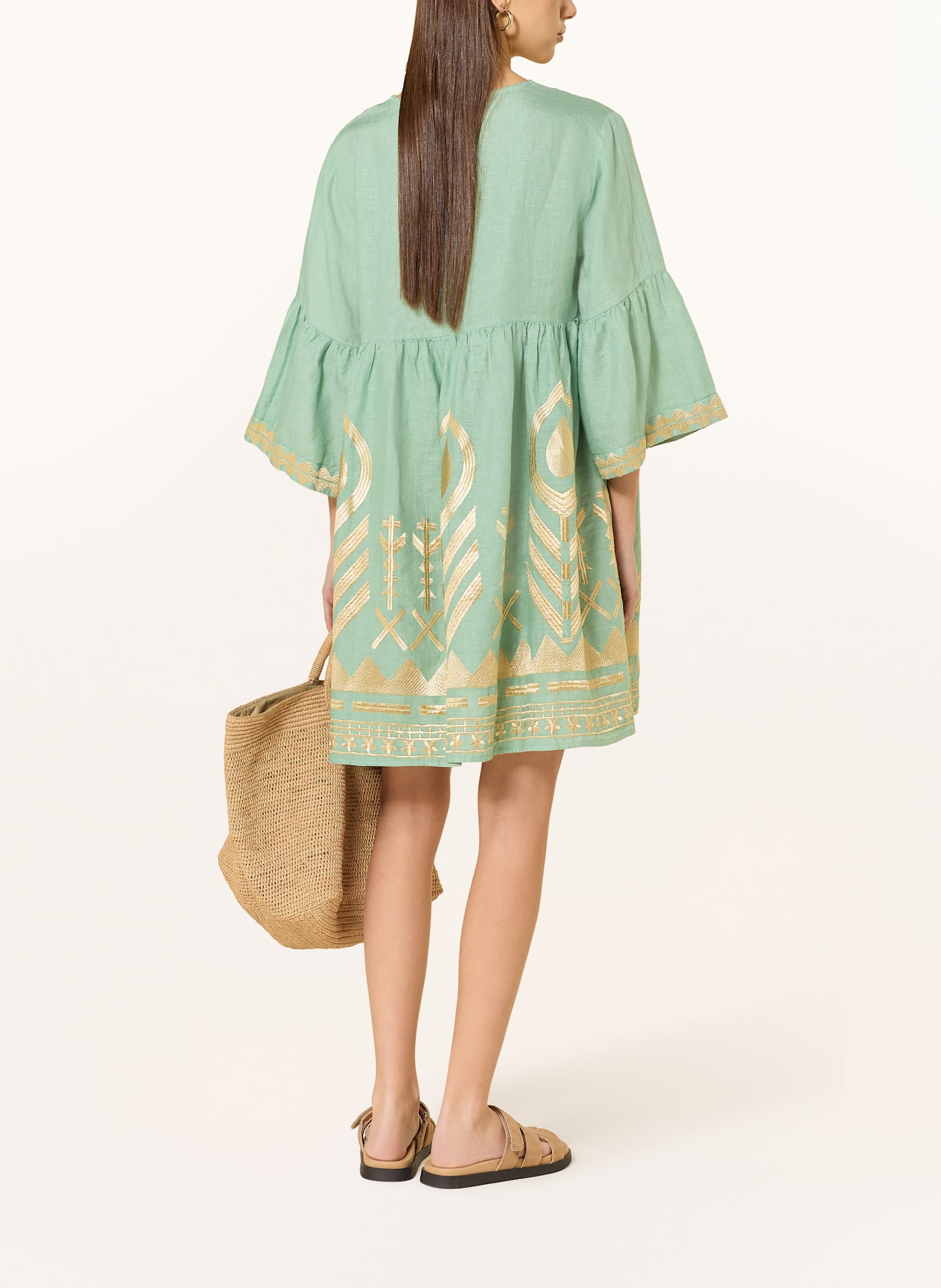 Greek Archaic Kori Beach dress FEATHER in linen with 3/4 sleeves: LIGHT GREEN / GOLD