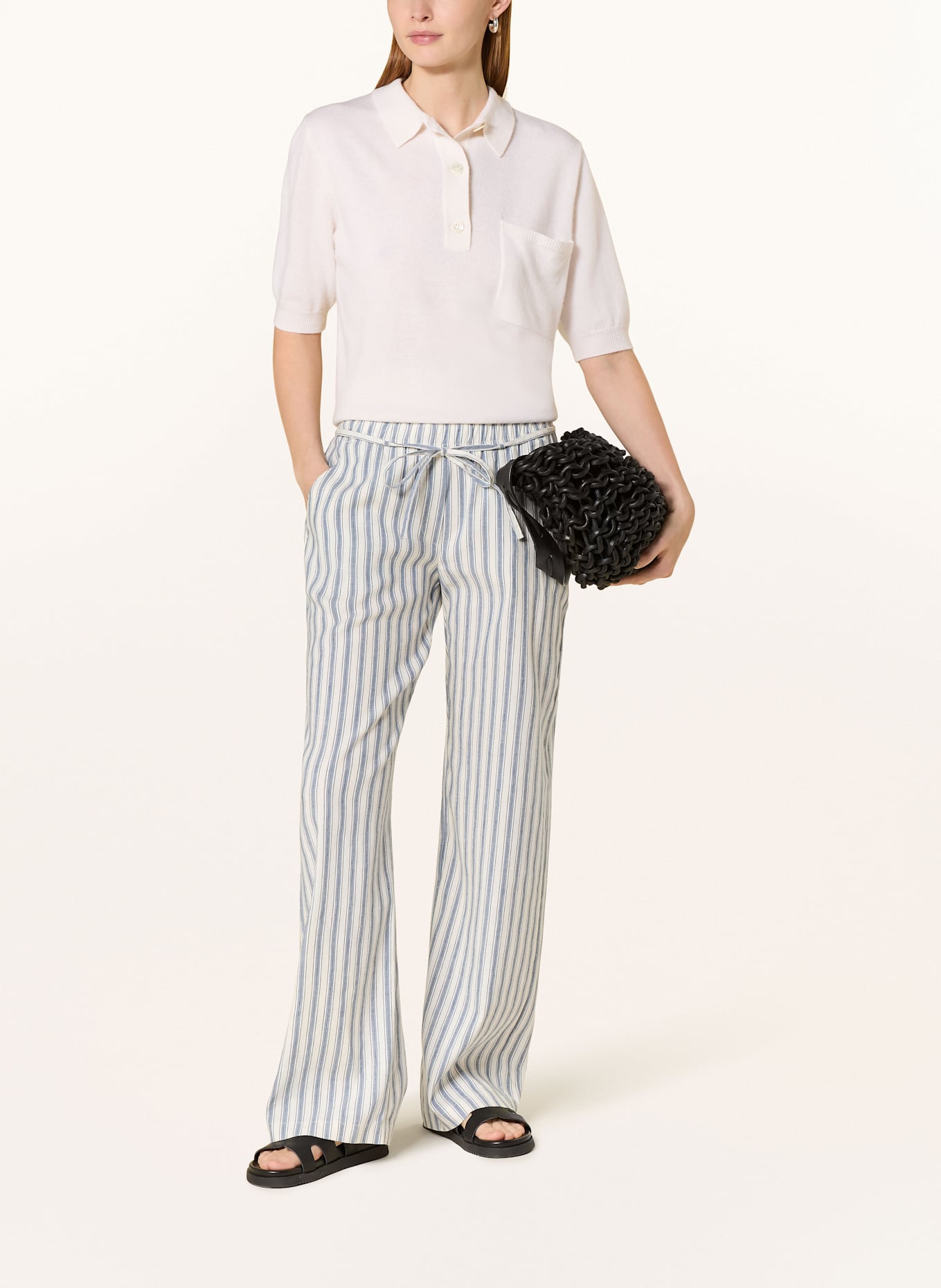 MAC Lněné kalhoty CHIARA: ČERNOŠEDÁ / BÍLÁ