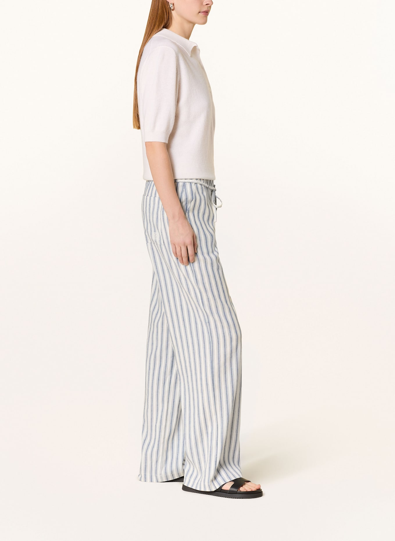 MAC Lněné kalhoty CHIARA: ČERNOŠEDÁ / BÍLÁ