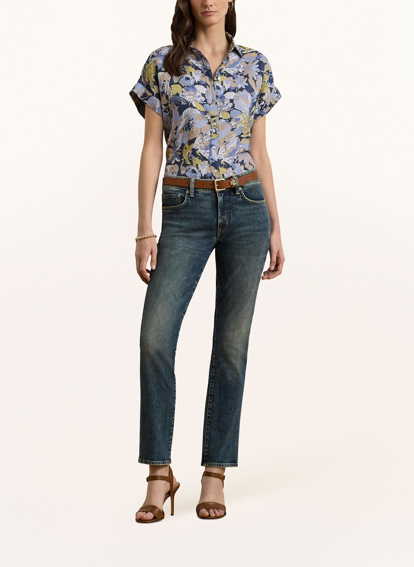 LAUREN RALPH LAUREN Hemdbluse aus Leinen: BLAUGRAU / BEIGE / WEISS