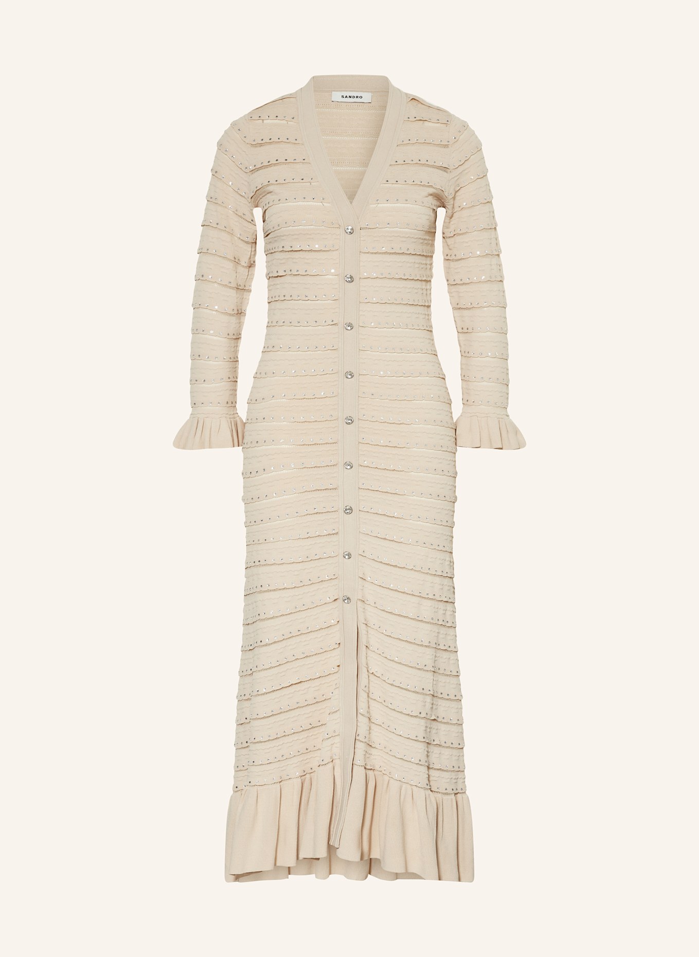 SANDRO Strickkleid mit Schmucksteinen und Volants: BEIGE/ SILBER