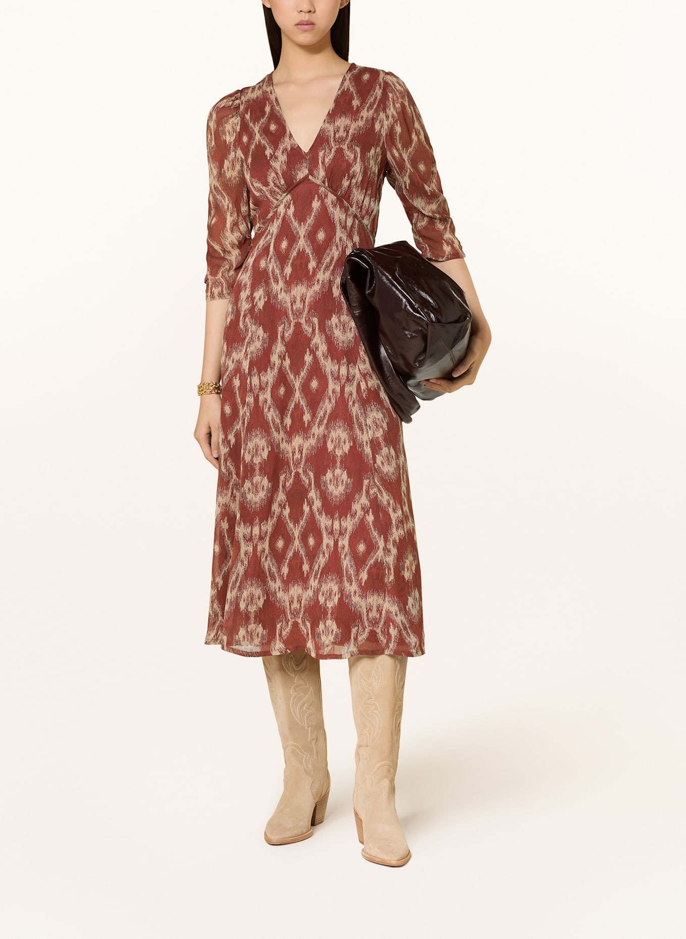 ba&sh Kleid MATSA mit 3/4-Arm: DUNKELROT / HELLGELB