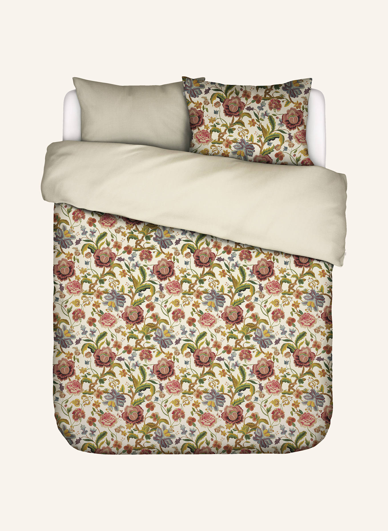 ESSENZA Linge de lit ROSRLINA réversible: BEIGE / ROUGE FONCÉ / VERT CLAIR