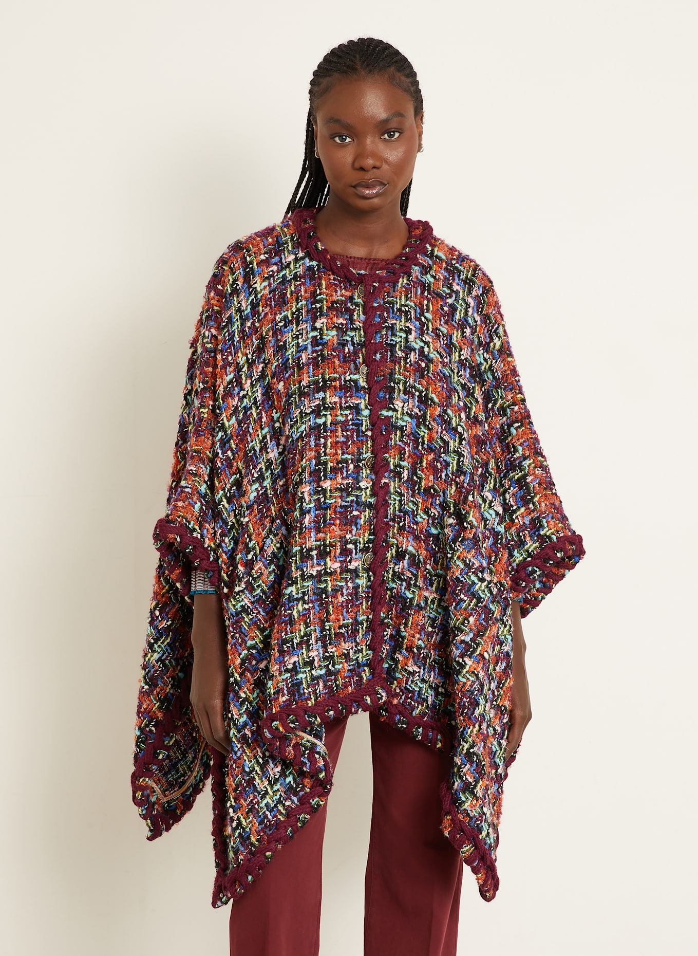 ETRO Peleryna tweedowa z błyszczącą przędzą: CIEMNOCZERWONY / POMARAŃCZOWY / NIEBIESKI