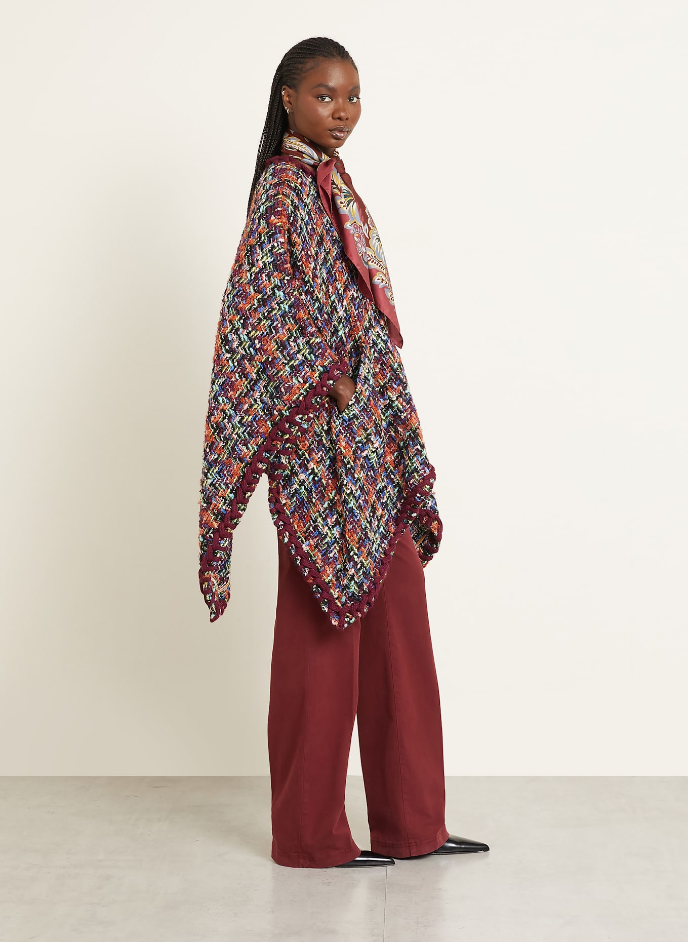 ETRO Peleryna tweedowa z błyszczącą przędzą: CIEMNOCZERWONY / POMARAŃCZOWY / NIEBIESKI