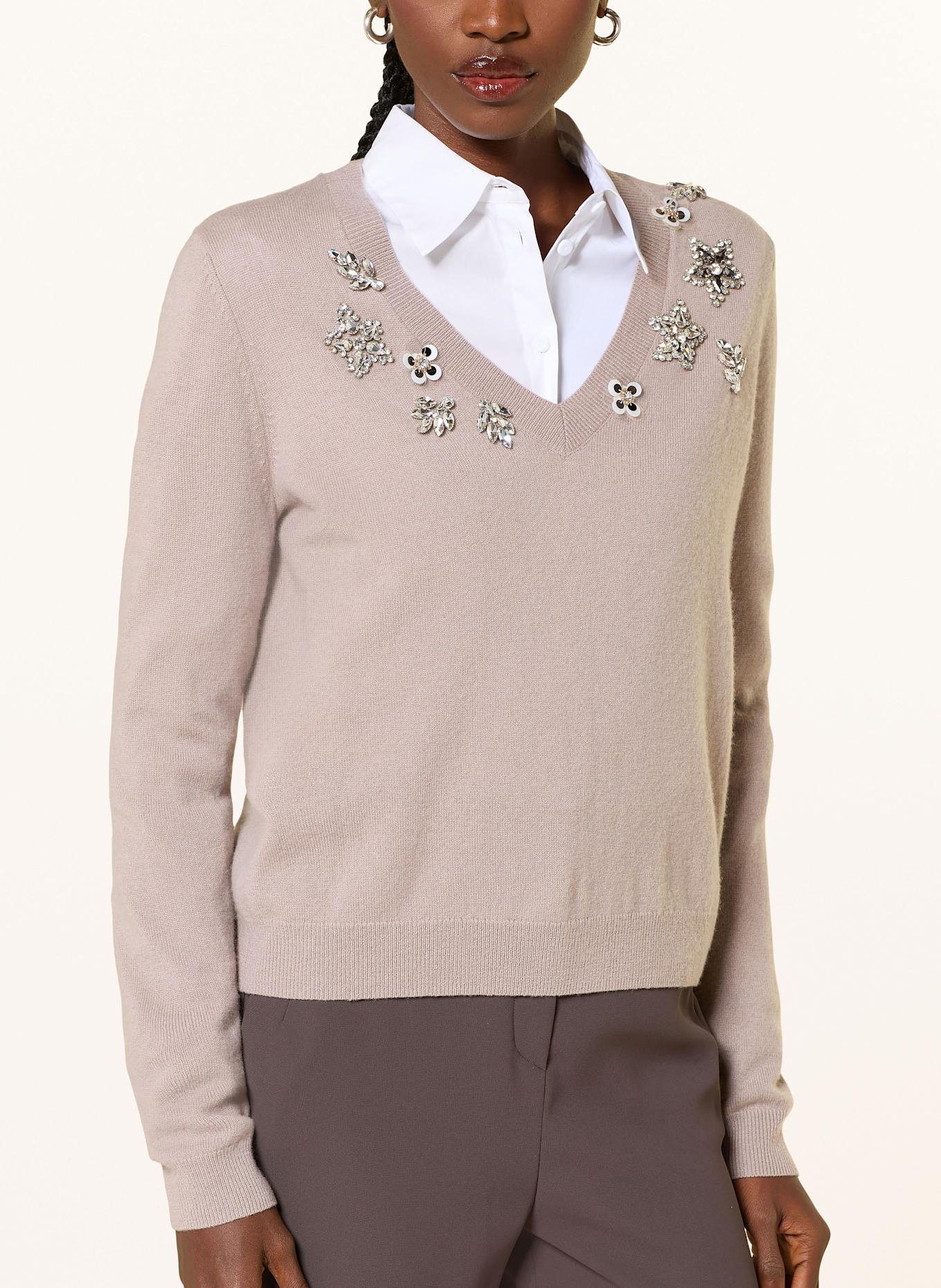 RIANI Pullover mit Cashmere und Schmucksteinen: TAUPE