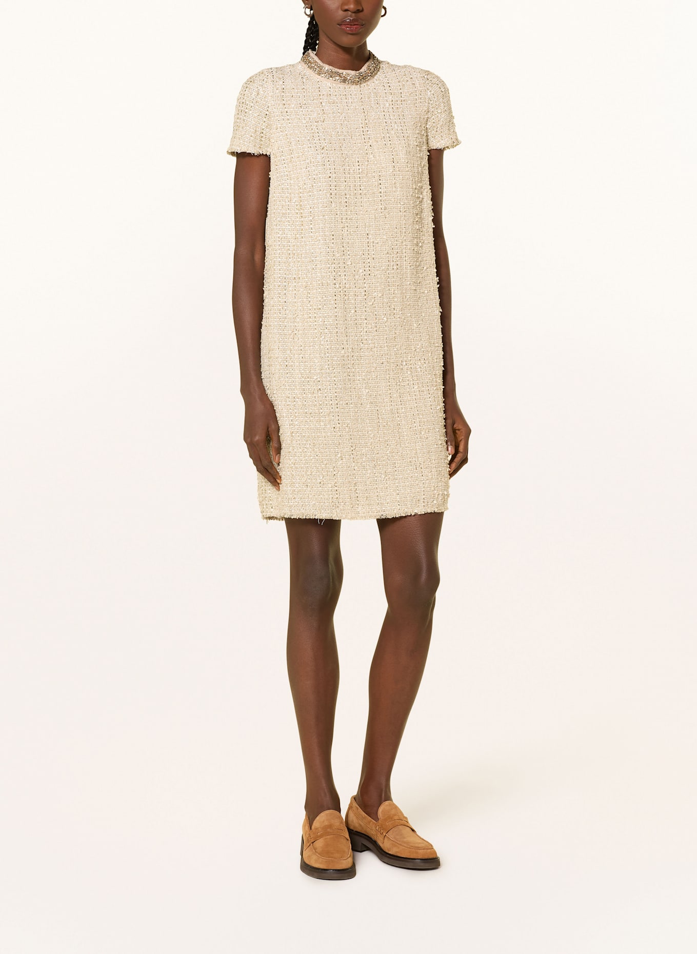 LUISA CERANO Bouclé-Kleid mit Glitzergarn und Schmucksteinen: BEIGE / GOLD