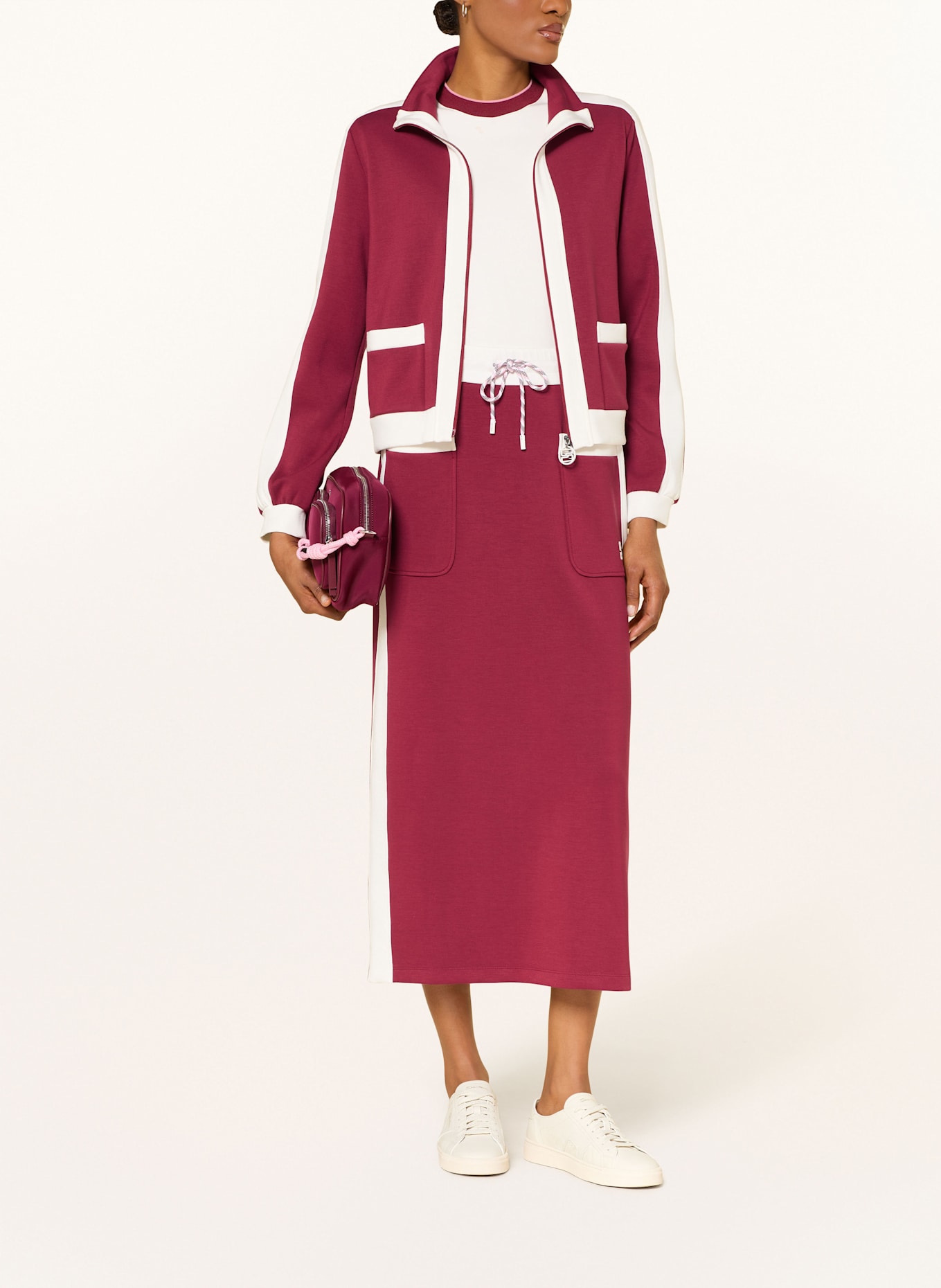 MARC CAIN Spódnica dresowa z lampasami: CIEMNOCZERWONY / BIAŁY