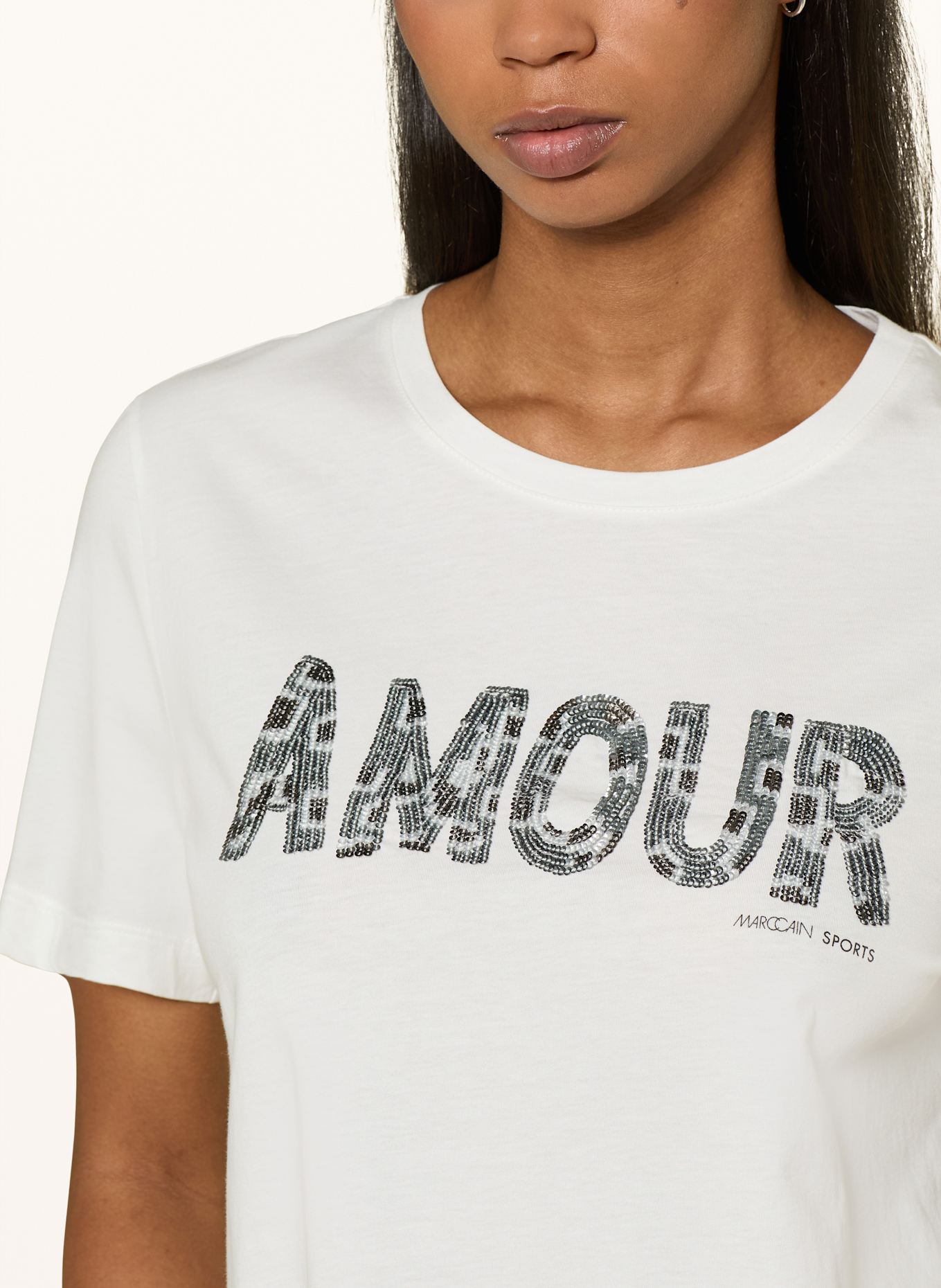 MARC CAIN T-Shirt mit Schmucksteinen: WEISS