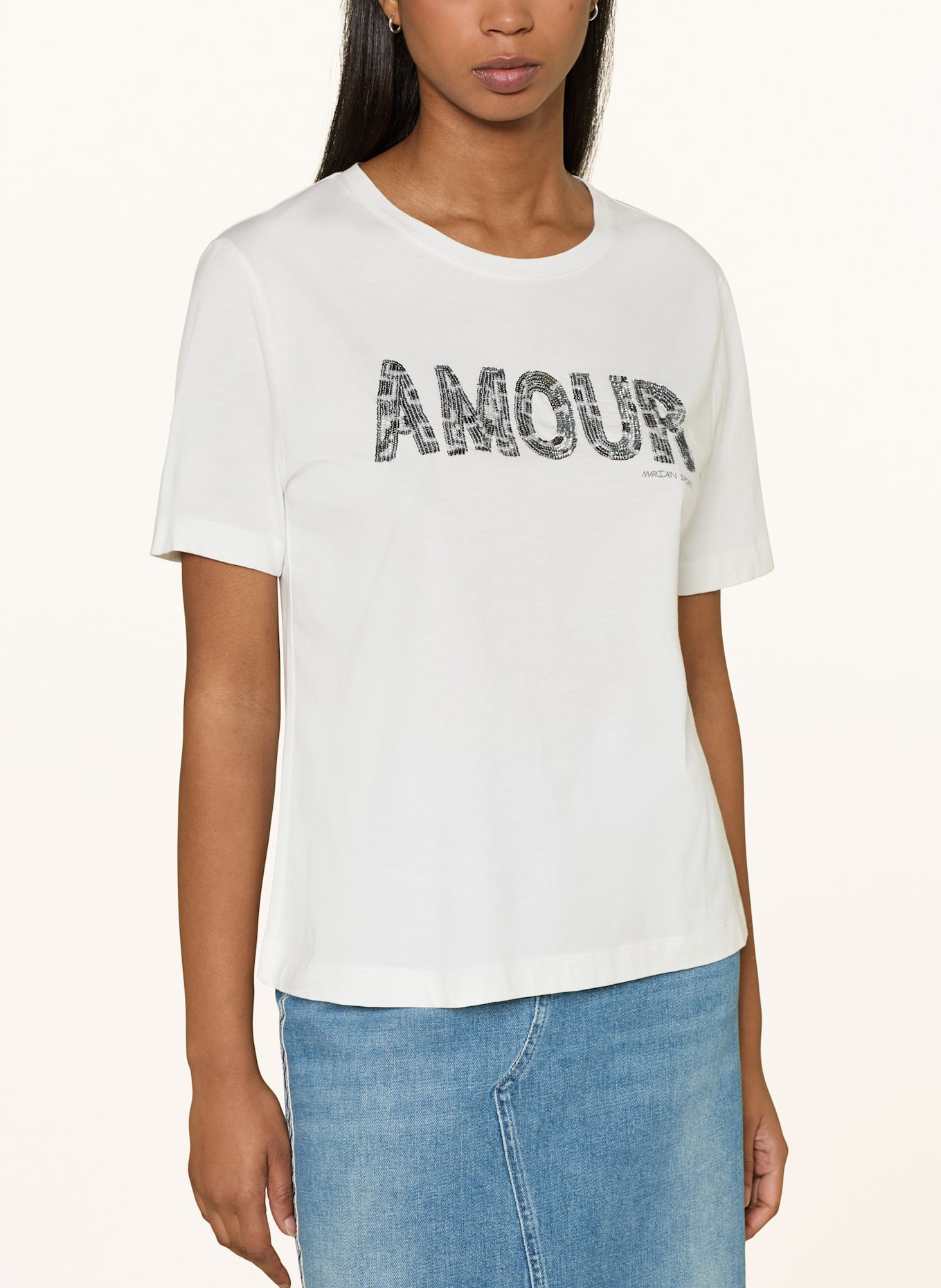 MARC CAIN T-Shirt mit Schmucksteinen: WEISS
