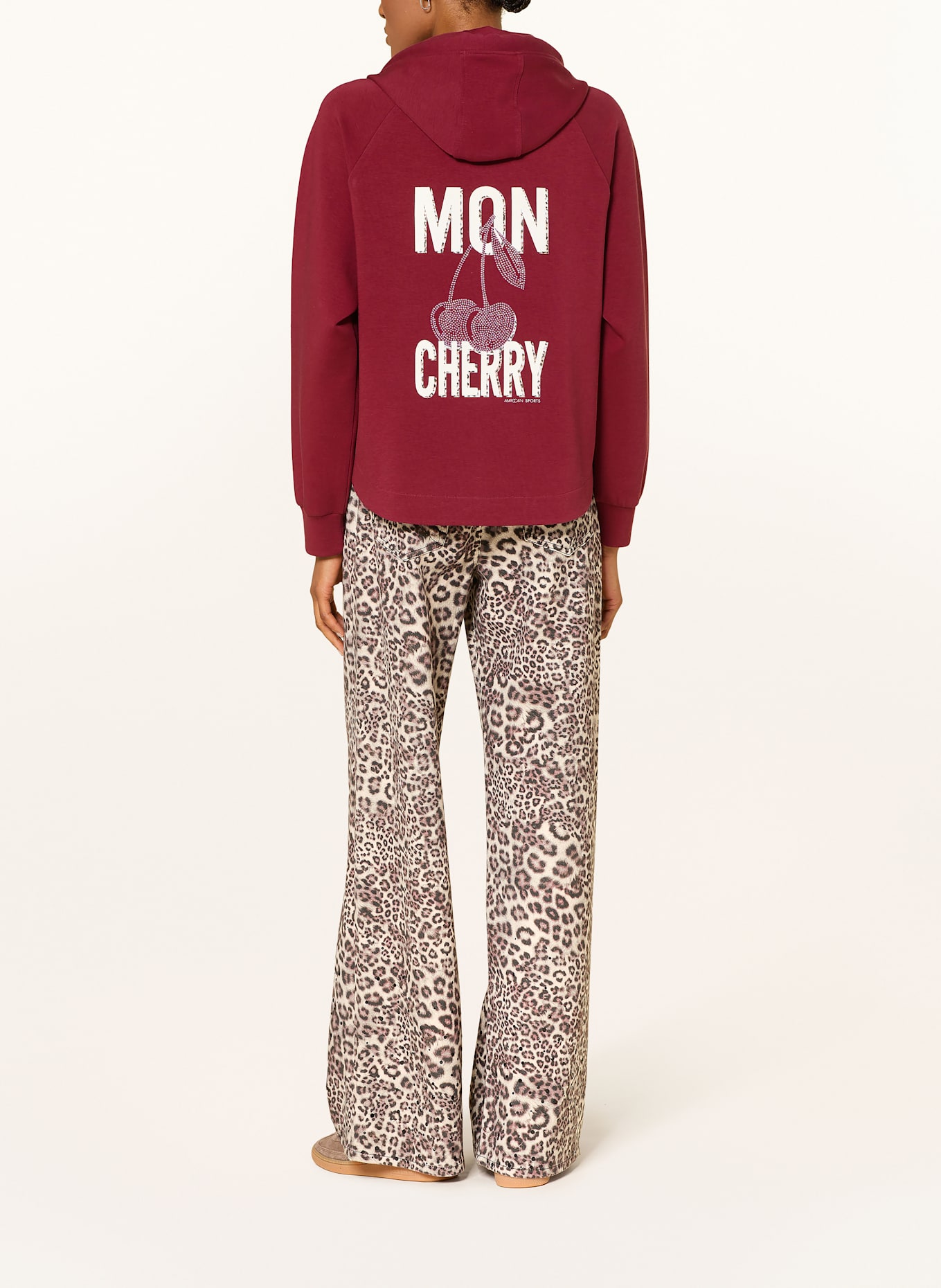 MARC CAIN Bluza z kapturem z ozdobnymi kamykami: CIEMNOCZERWONY / BIAŁY