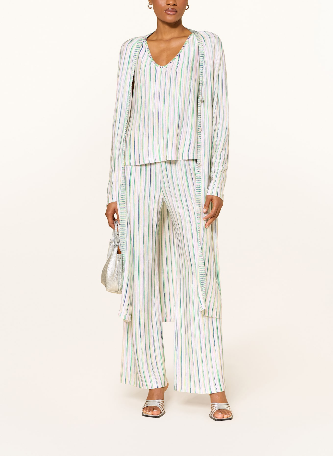 MARC CAIN Strickjacke mit Glitzergarn: HELLGELB / GRÜN / HELLROSA