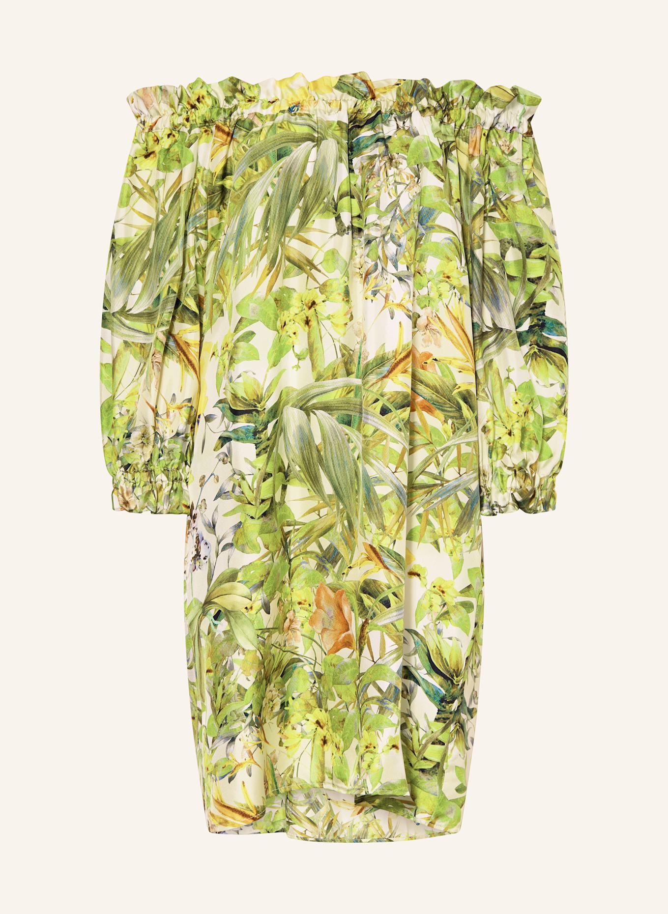 ANNA's Kleid aus Seide mit Rüschen: GRÜN / GELB / ECRU