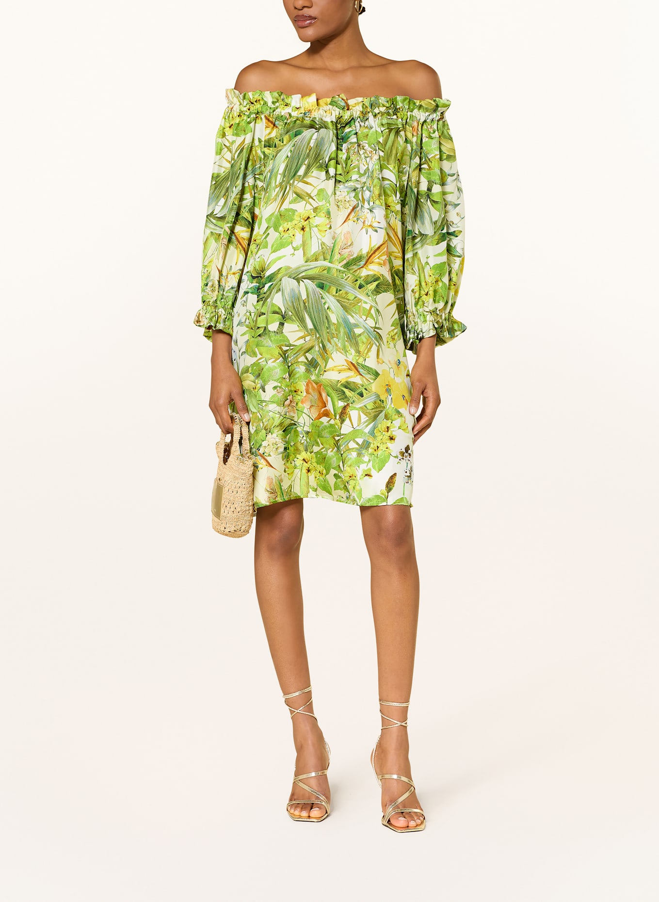 ANNA's Kleid aus Seide mit Rüschen: GRÜN / GELB / ECRU