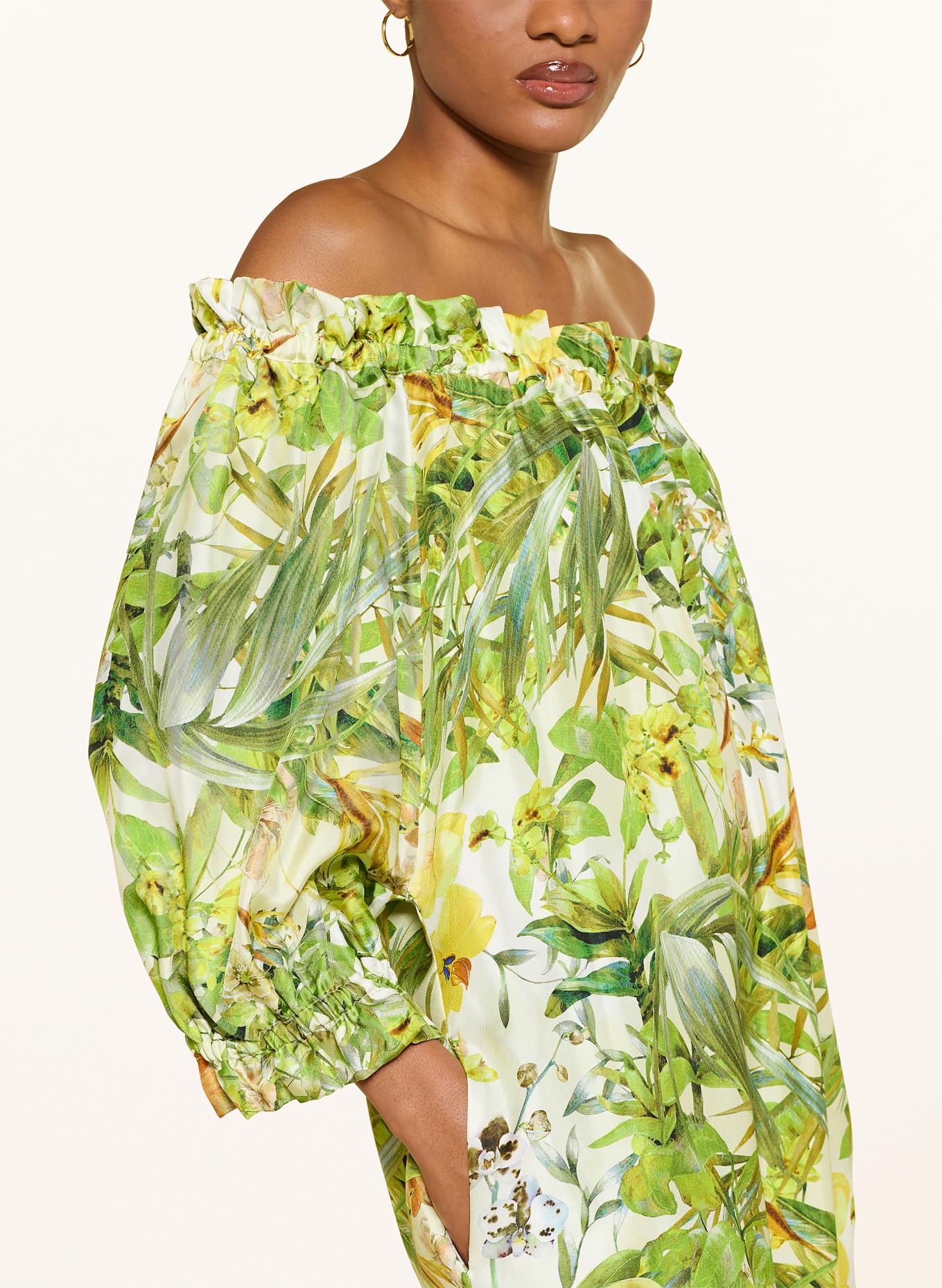 ANNA's Kleid aus Seide mit Rüschen: GRÜN / GELB / ECRU