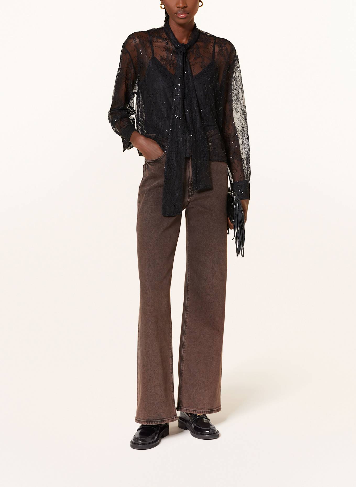 maje Schluppenbluse aus Spitze mit Pailletten: SCHWARZ