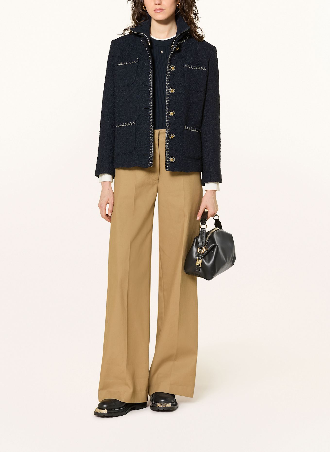 SANDRO Bouclé-Jacke mit abnehmbaren Stehkragen und Glitzergarn: DUNKELBLAU