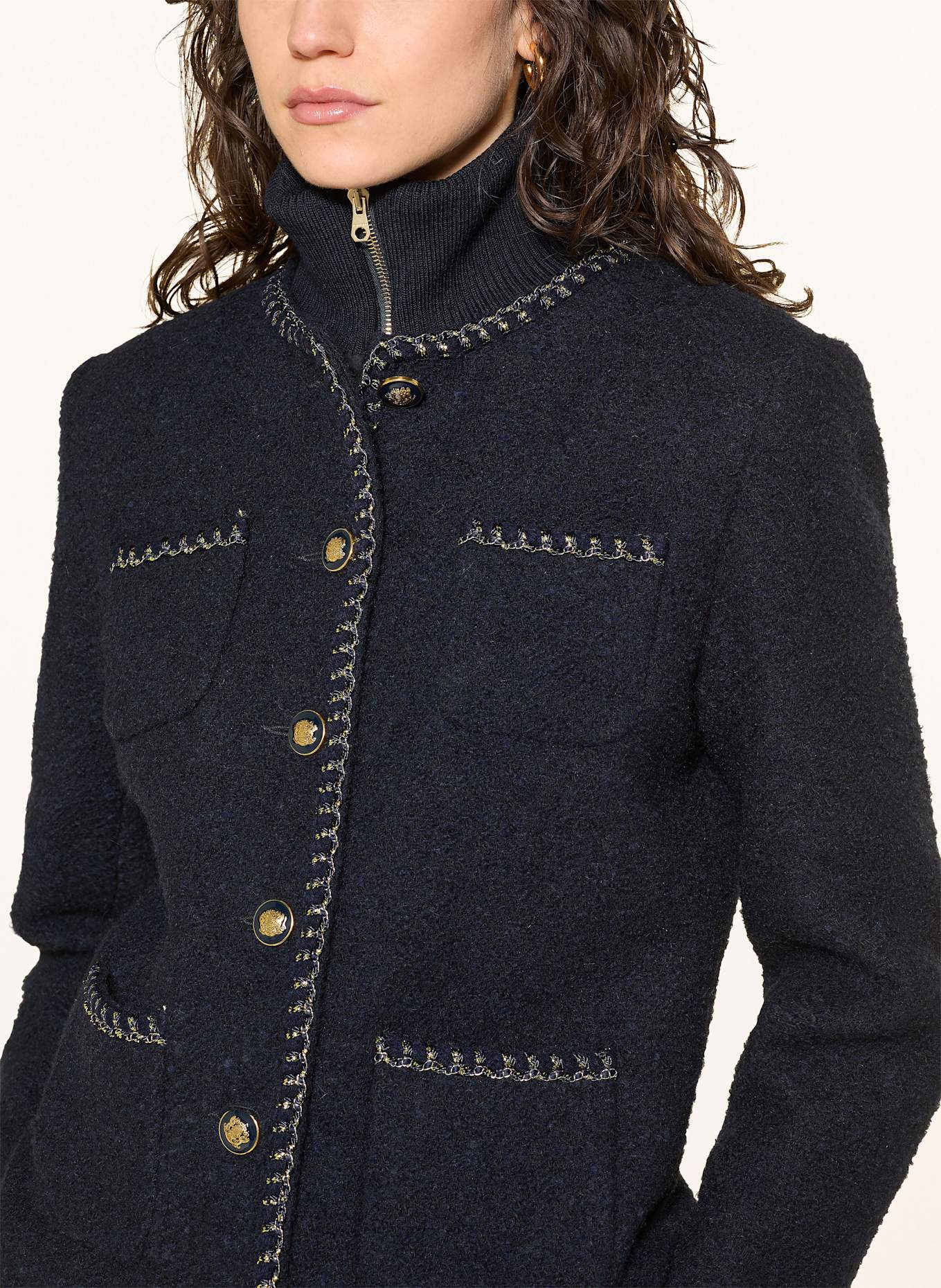 SANDRO Bouclé-Jacke mit abnehmbaren Stehkragen und Glitzergarn: DUNKELBLAU