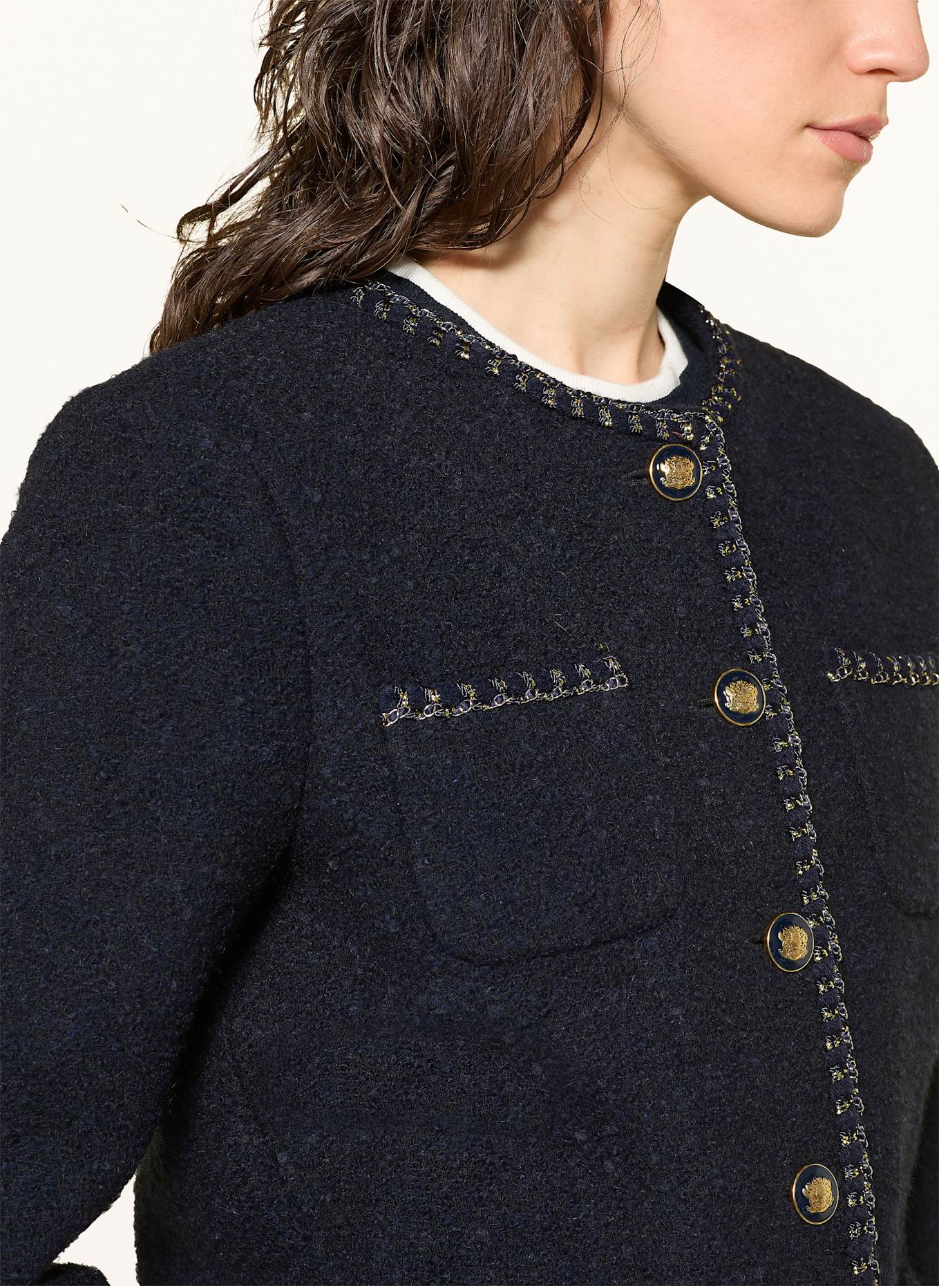 SANDRO Bouclé-Jacke mit abnehmbaren Stehkragen und Glitzergarn: DUNKELBLAU