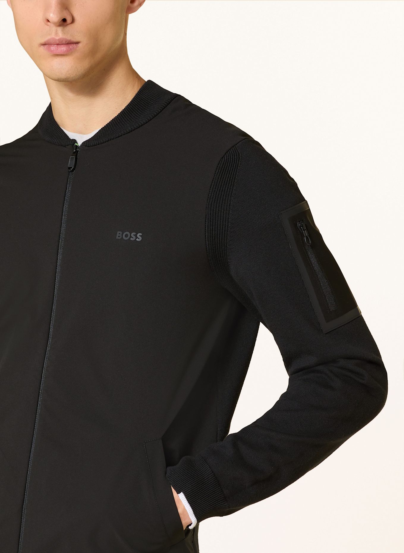 BOSS Sweatjacke EVER im Materialmix: SCHWARZ