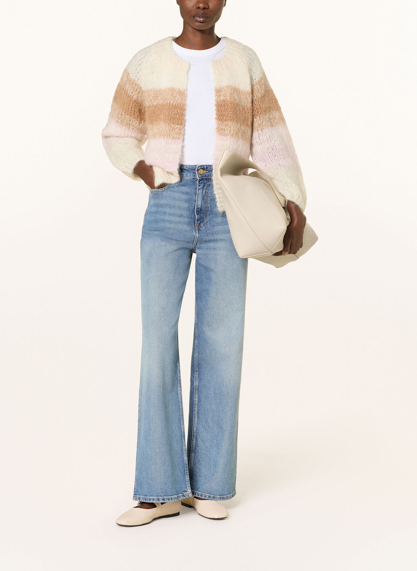 MRS & HUGS Úpletový kardigan z mohéru: RŮŽOVÁ / SVĚTLE HNĚDÁ / KRÉMOVÁ