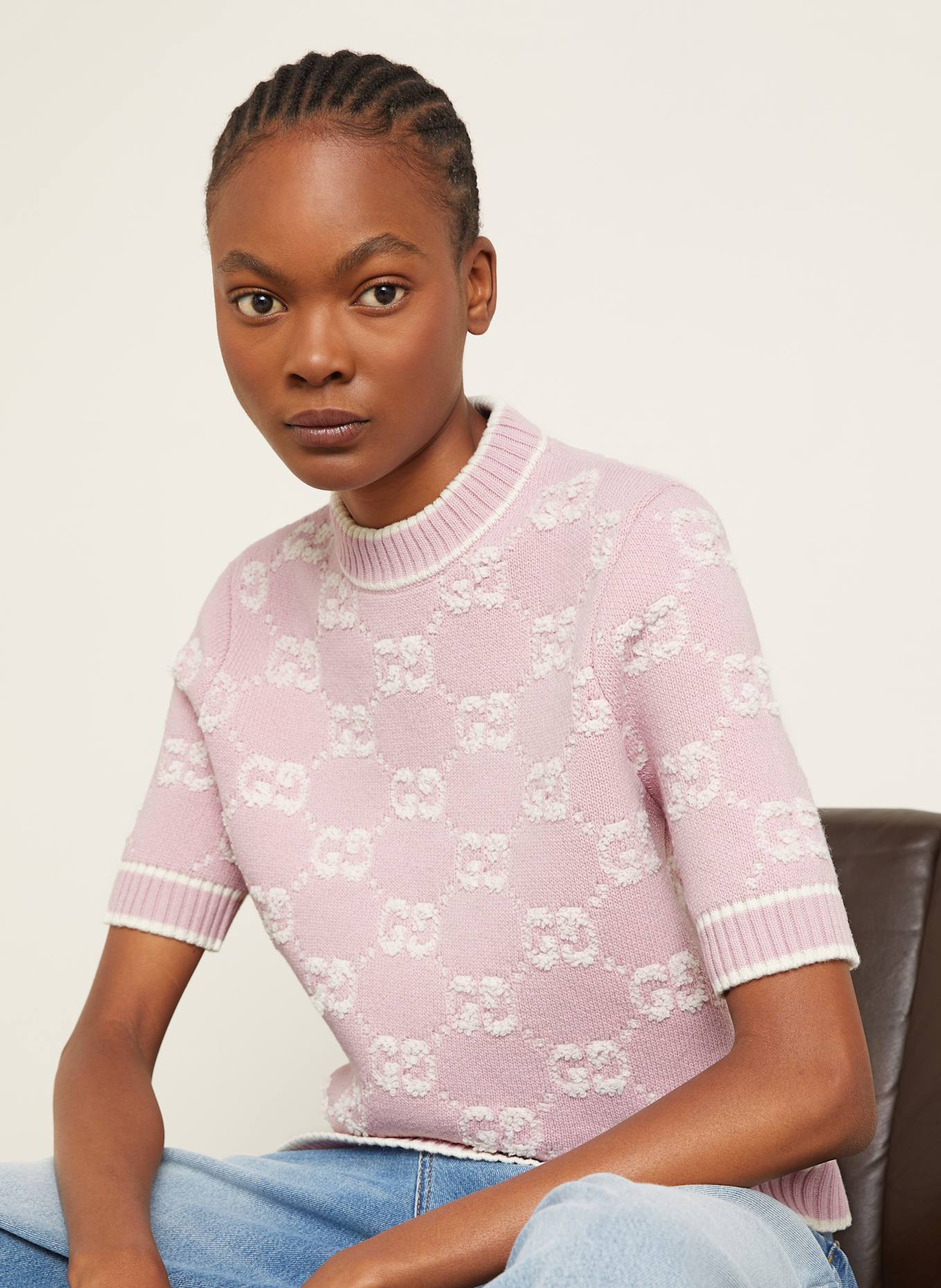 GUCCI Knit shirt: WHITE/ LIGHT PINK