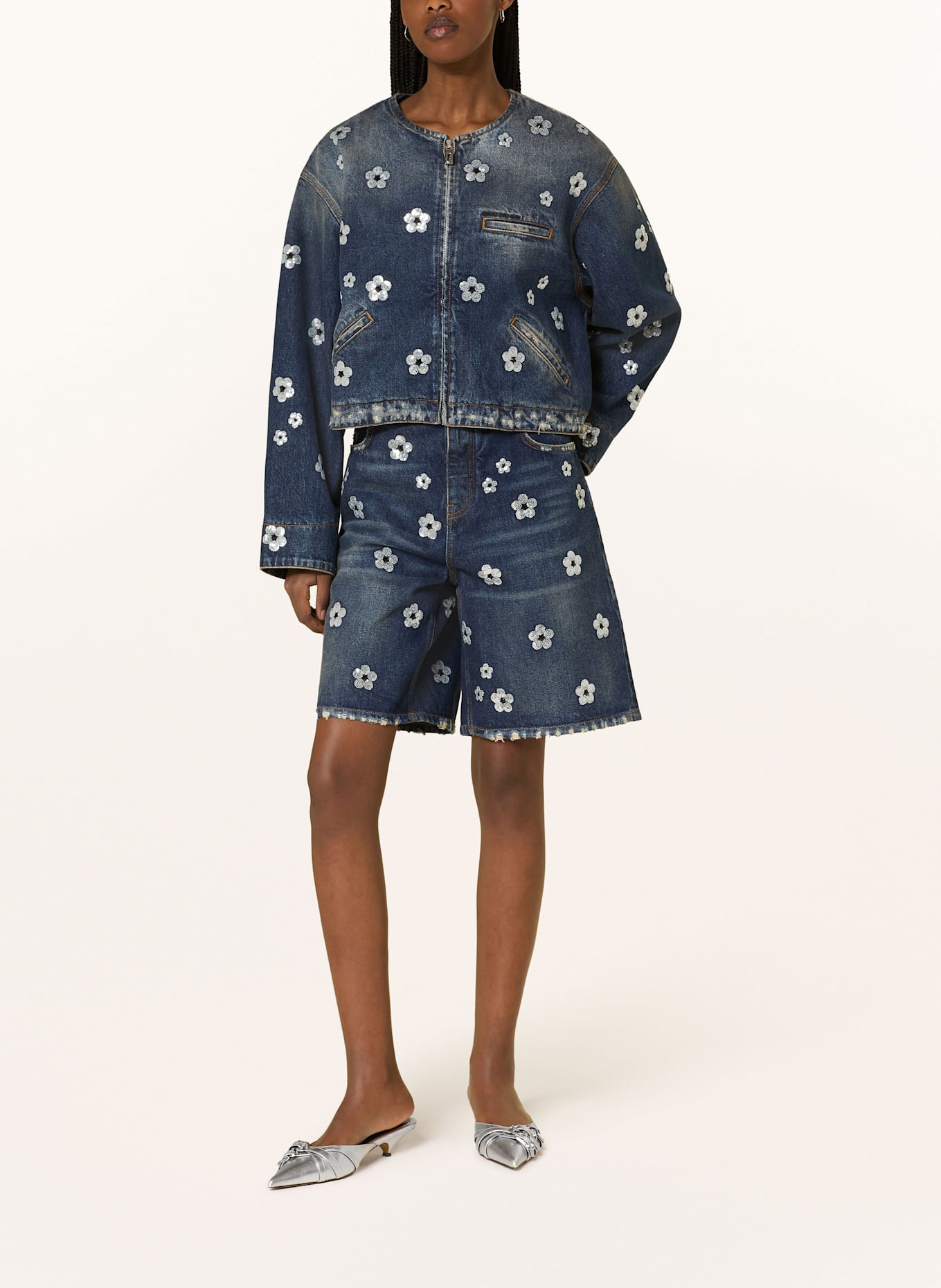 MARC JACOBS Džínová bunda s flitry: MODRÁ/ STŘÍBRNÁ