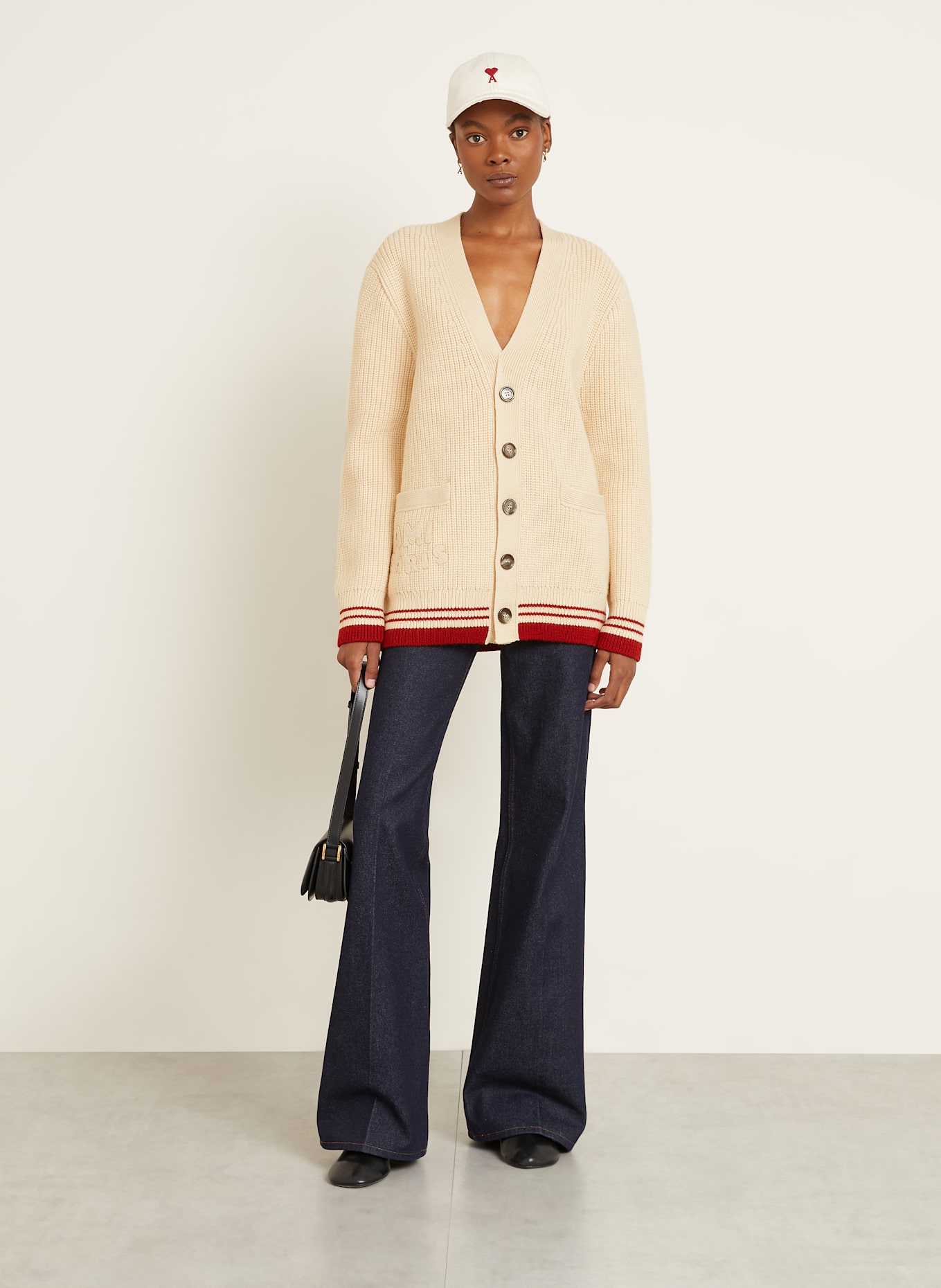 AMI PARIS Cardigan: ECRU / DARK RED