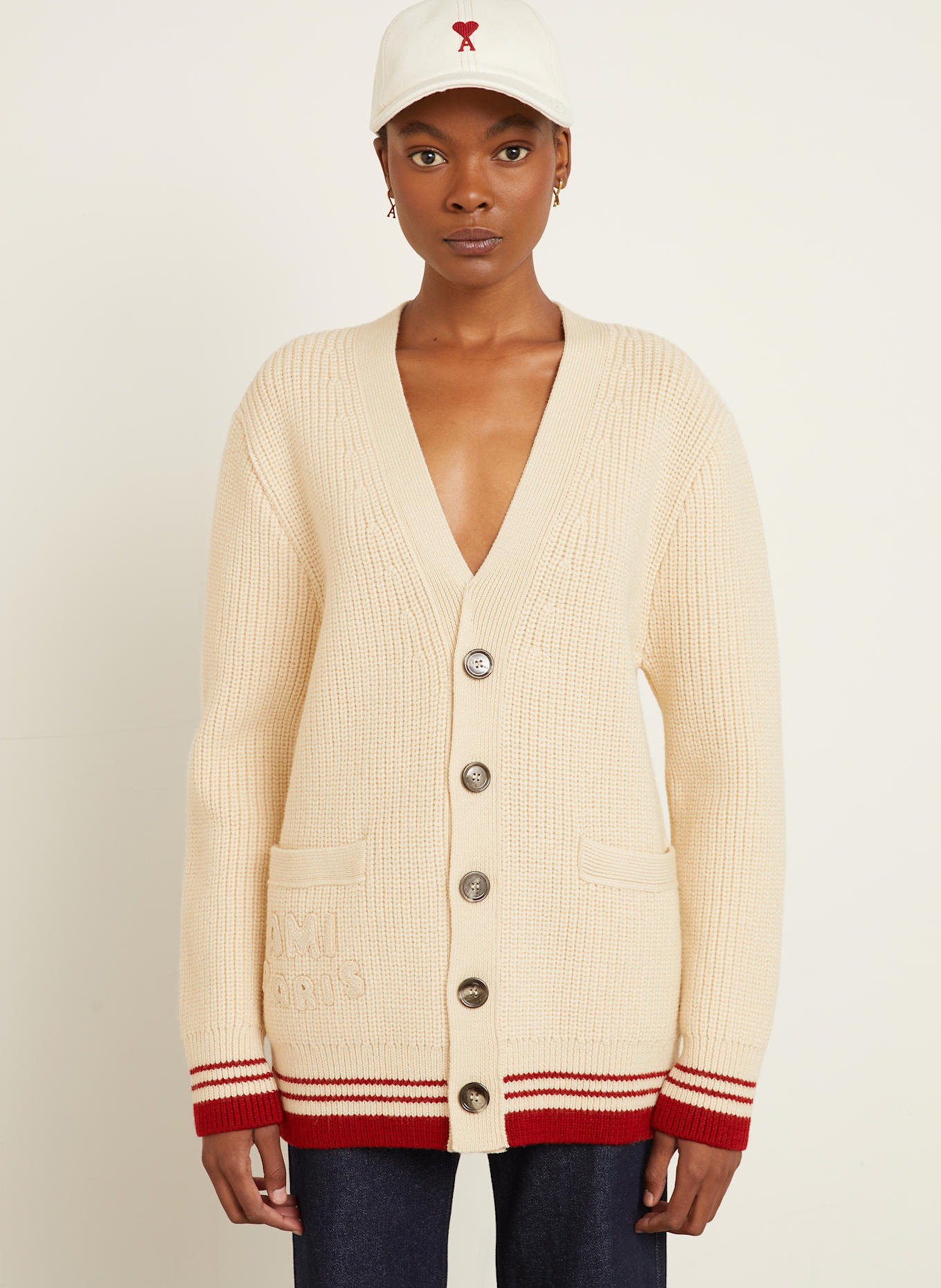 AMI PARIS Cardigan: ECRU / DARK RED