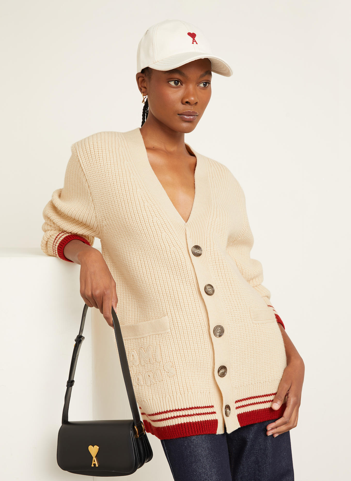 AMI PARIS Cardigan: ECRU / DARK RED