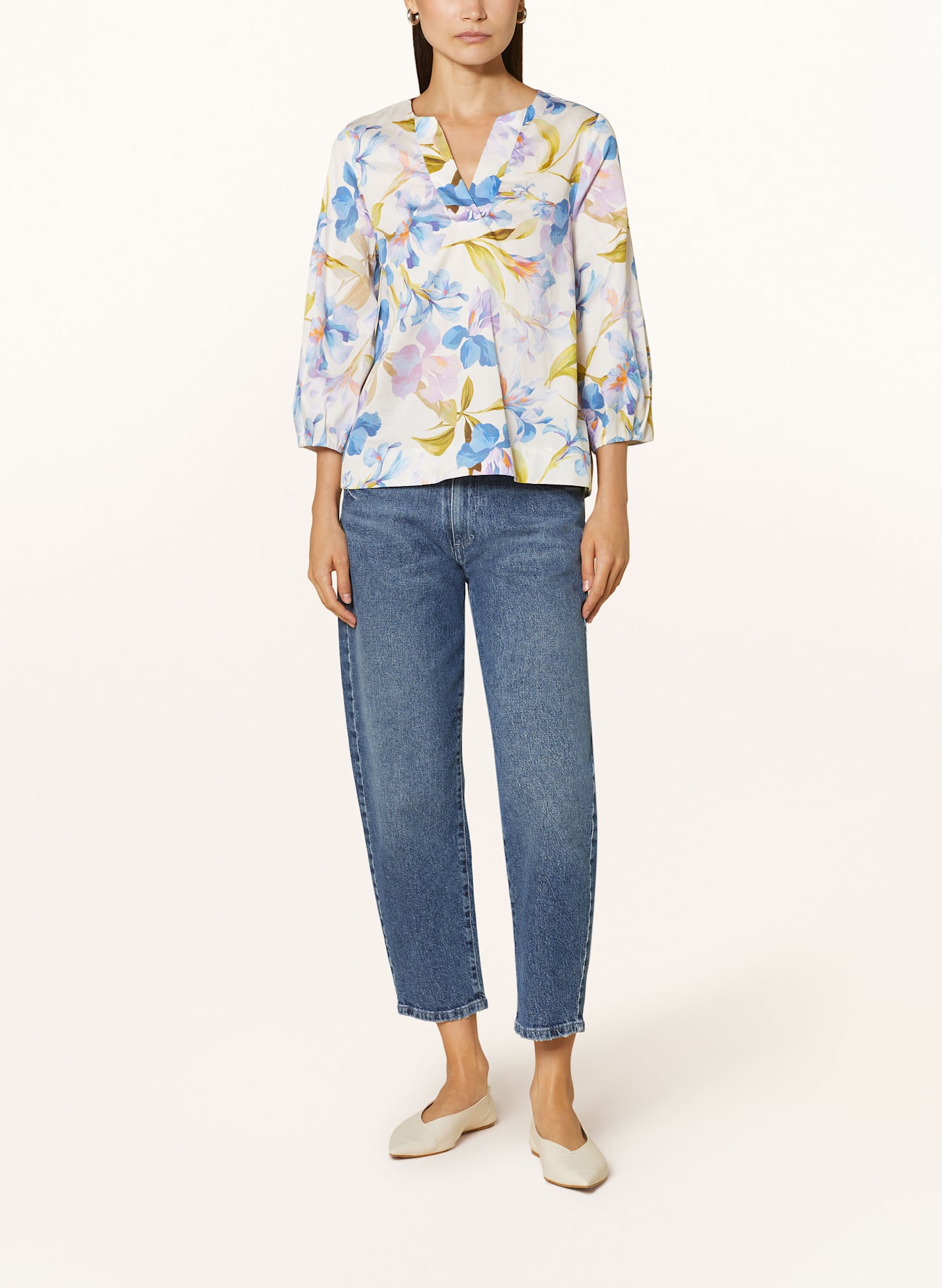 ETERNA Shirt blouse with 3/4 sleeves: WHITE/ LIGHT BLUE/ ORANGE