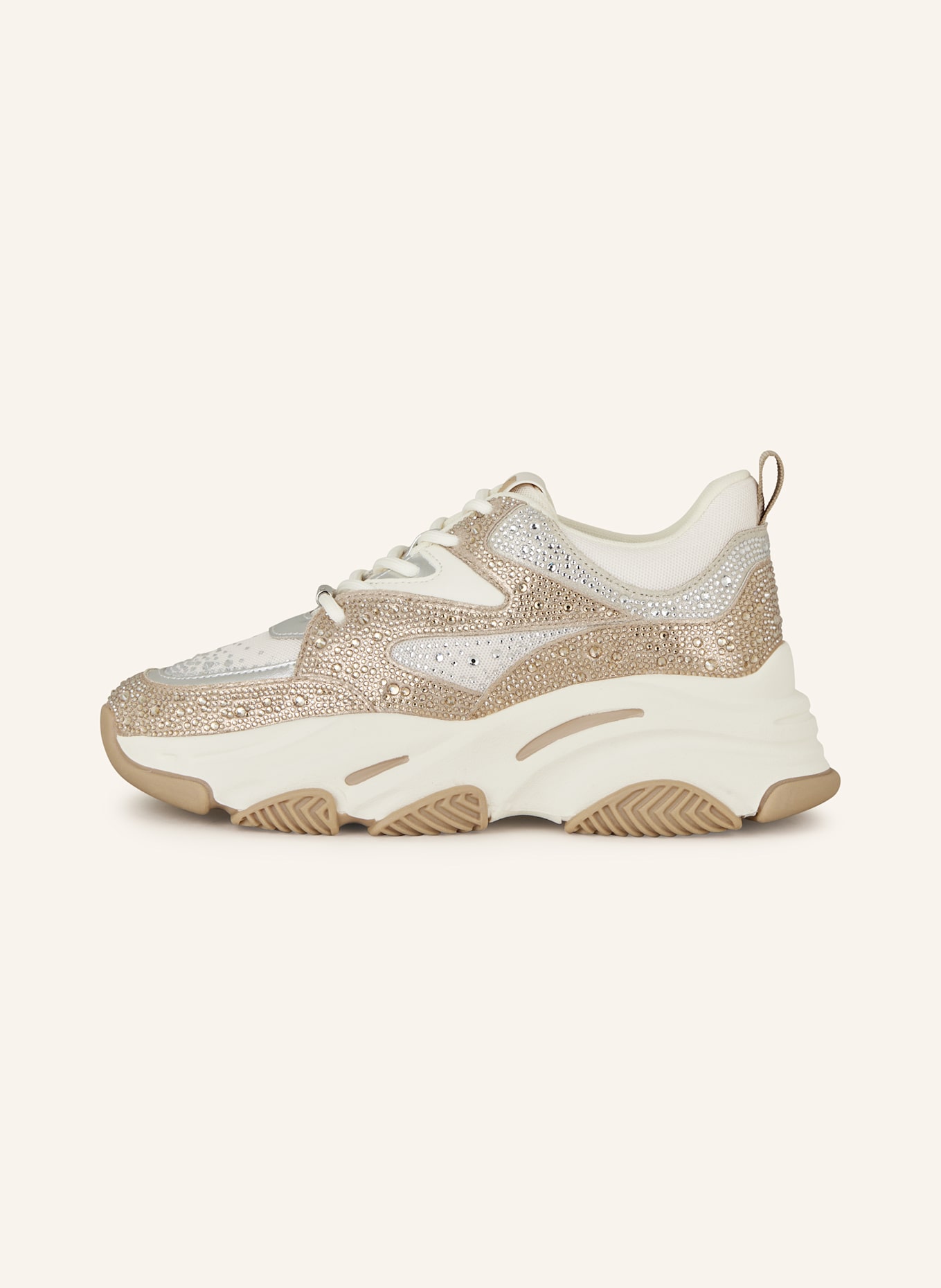 STEVE MADDEN PRIVY sneaker with decorative gems: SILVER/ GOLD/ CREAM