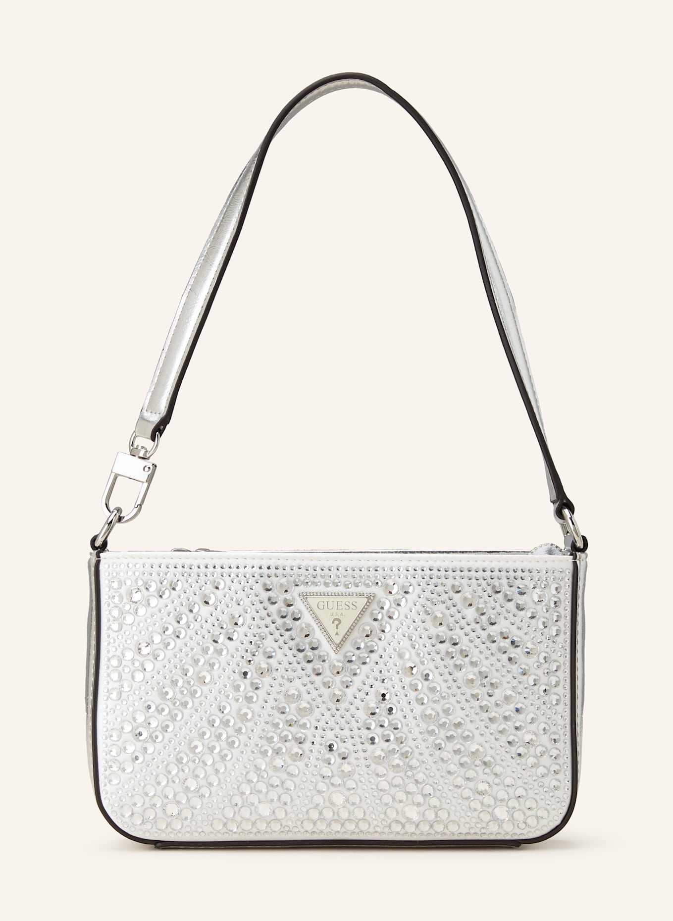GUESS Handtasche BEAUVOIR MINI mit Schmucksteinen: SILBER/ WEISS