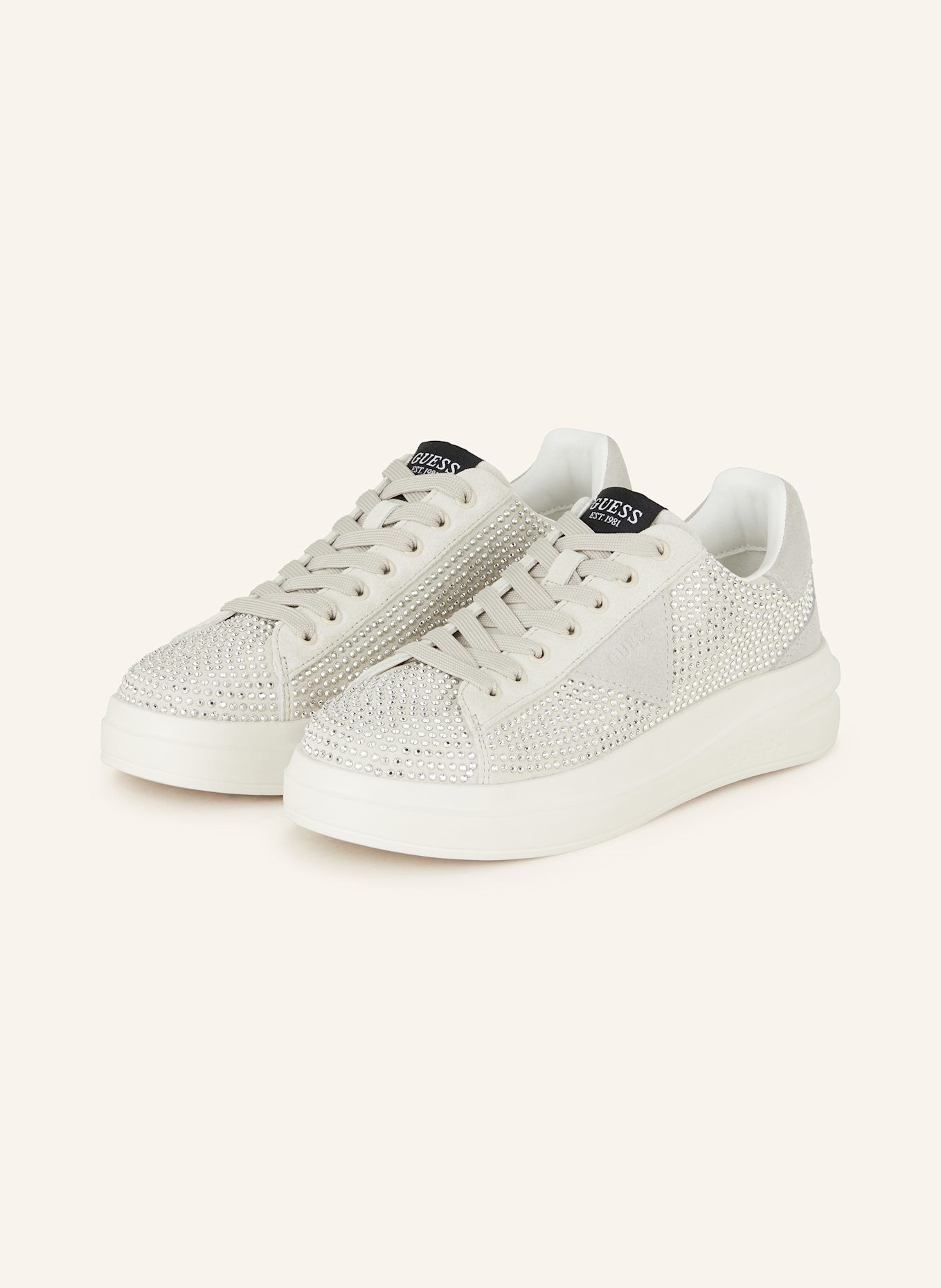 GUESS Sneaker ELBINA mit Schmucksteinen: WEISS/ HELLGRAU