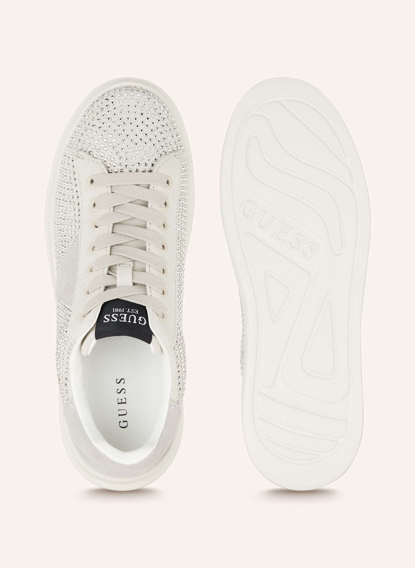 GUESS Sneaker ELBINA mit Schmucksteinen: WEISS/ HELLGRAU