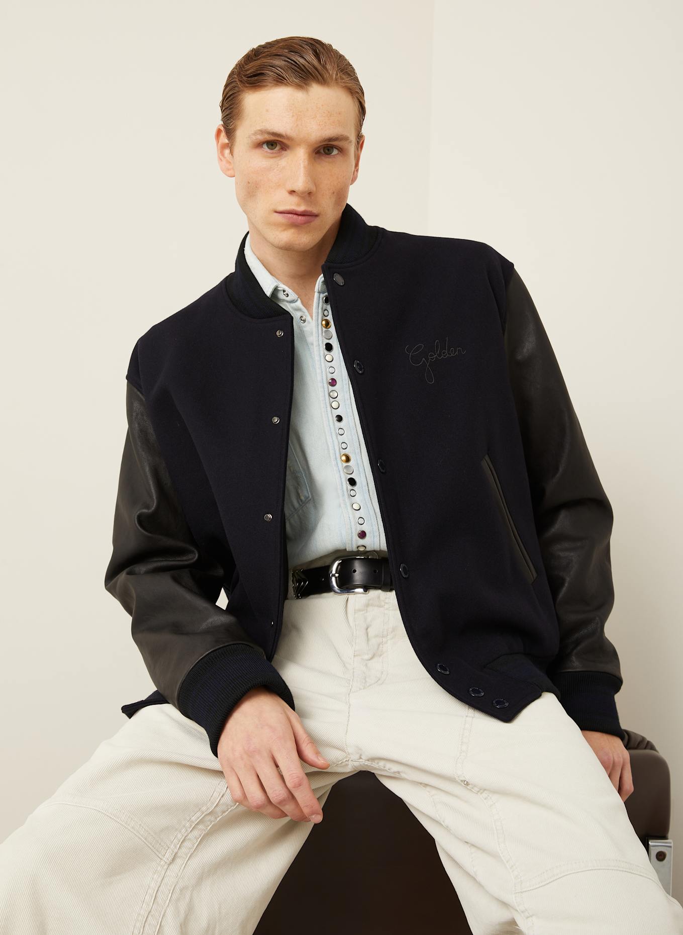 GOLDEN GOOSE College-Jacke im Materialmix: DUNKELBLAU