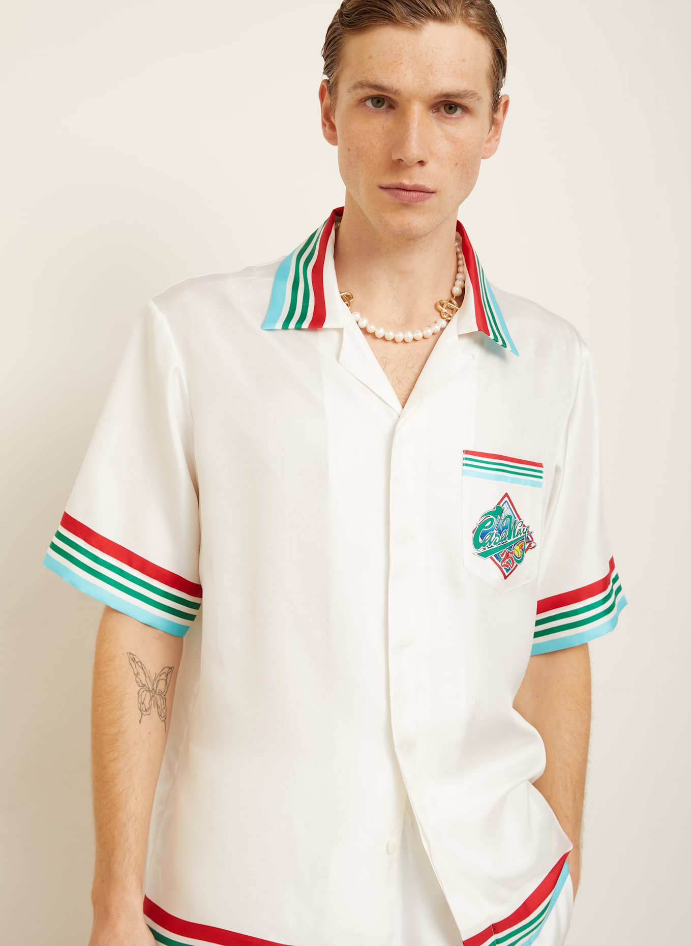 Casablanca Resorthemd Comfort Fit aus Seide: WEISS / ROT / HELLBLAU