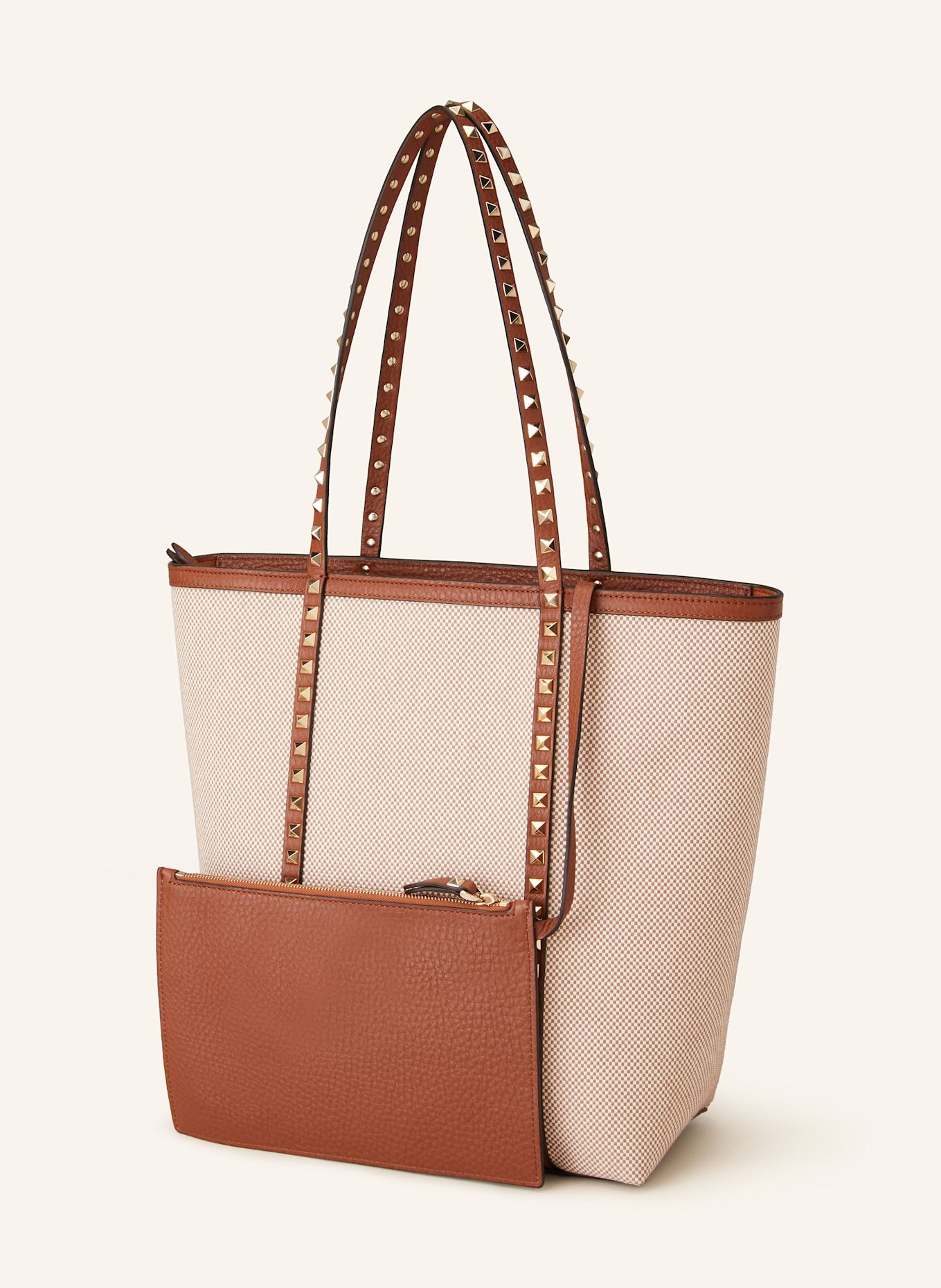 VALENTINO GARAVANI Shopper ROCKSTUD mit Pouch und Nieten: CREME/ BRAUN