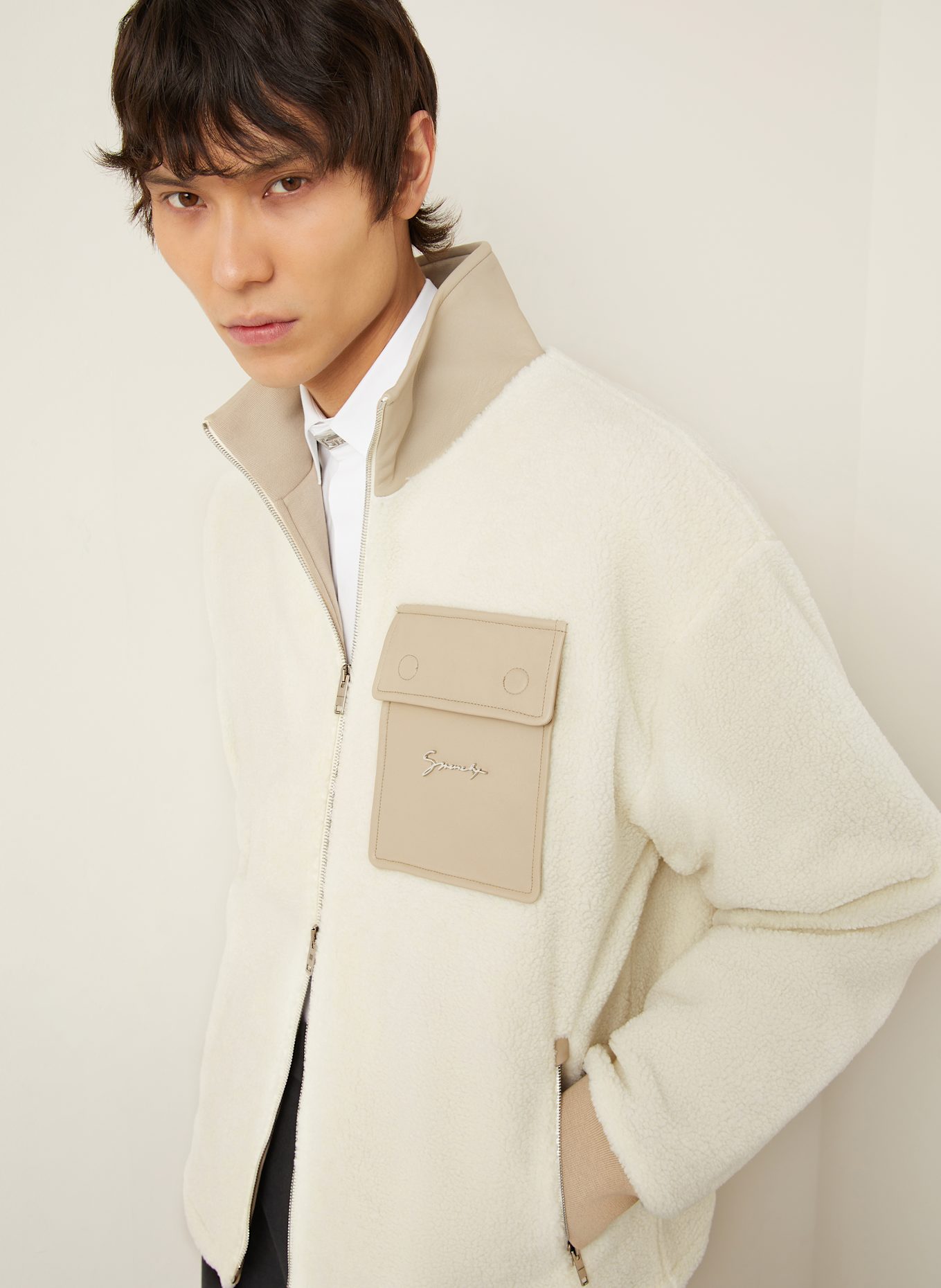 GIVENCHY Teddydfell-Jacke: ECRU/ BEIGE