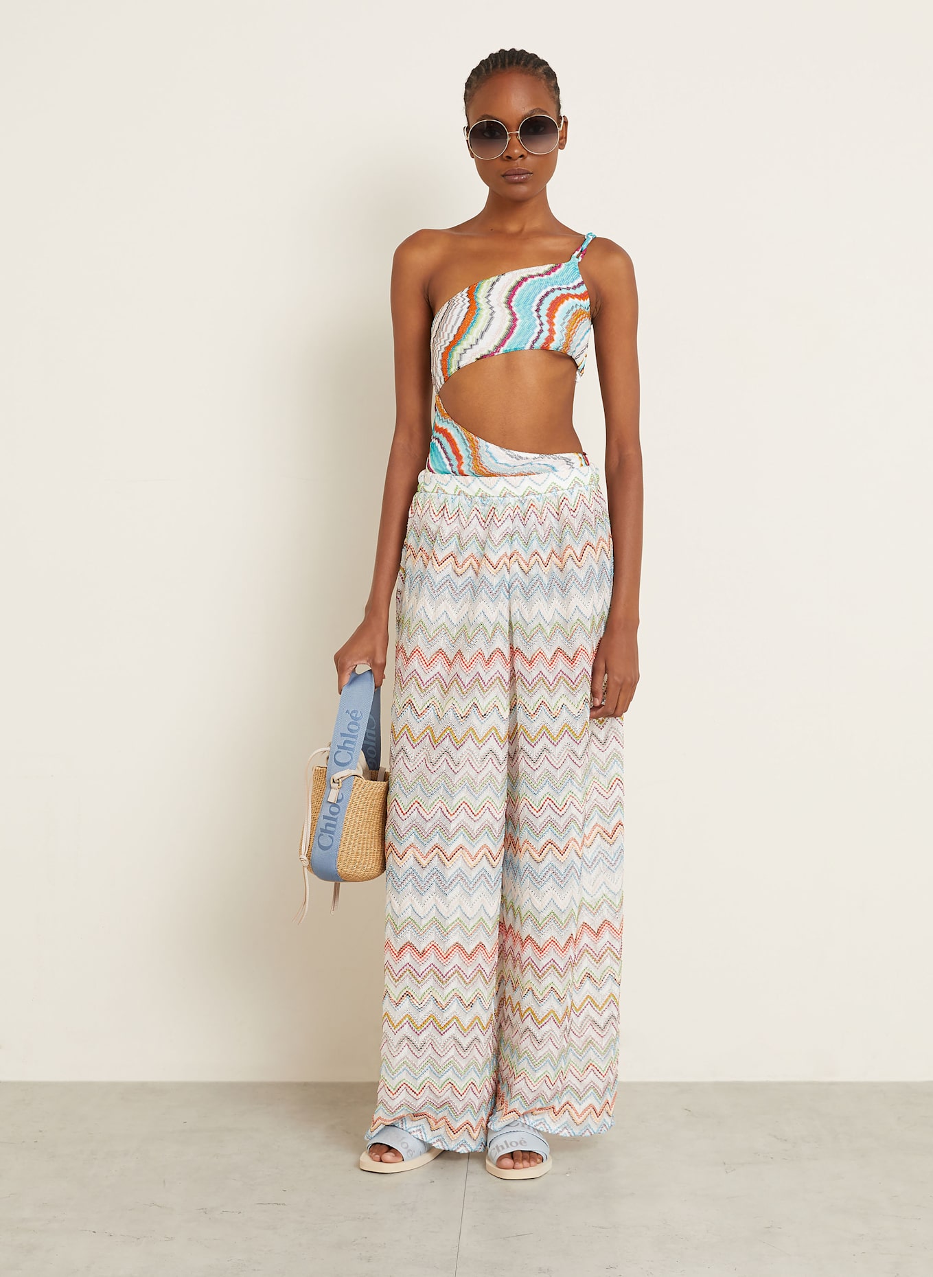 MISSONI pantalon marinière: BLANC / BLEU CLAIR / ORANGE