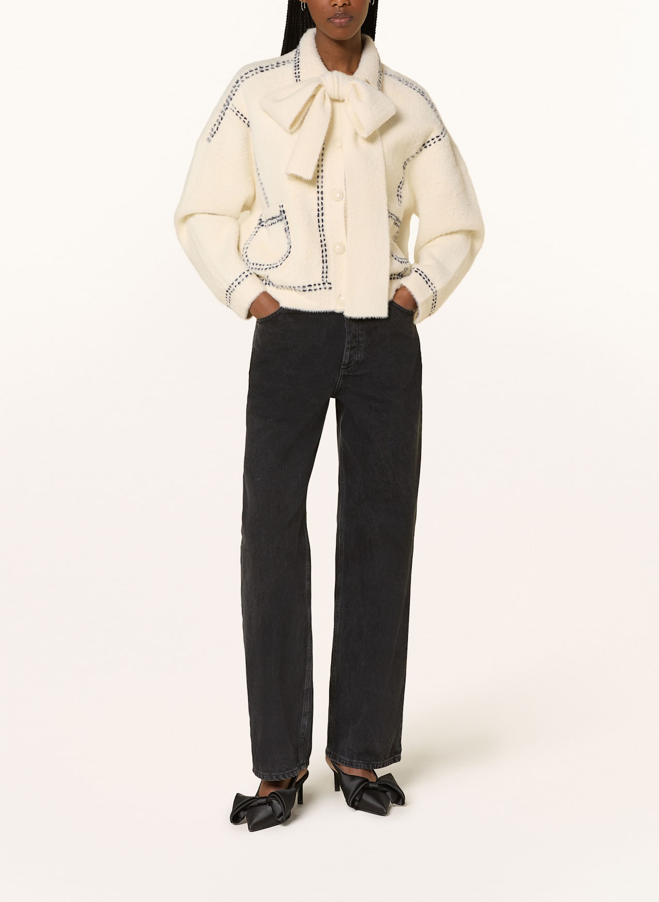 ESSENTIEL ANTWERP HOOPS faux fur jacket, Color: CREAM/ DARK BLUE (Image 2)