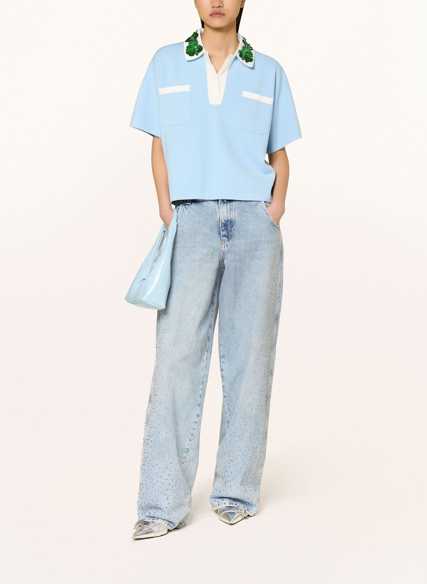 ESSENTIEL ANTWERP Úpletová polokošile HOISEAU s flitry: TMAVĚ MODRÁ / BÍLÁ / ZELENÁ