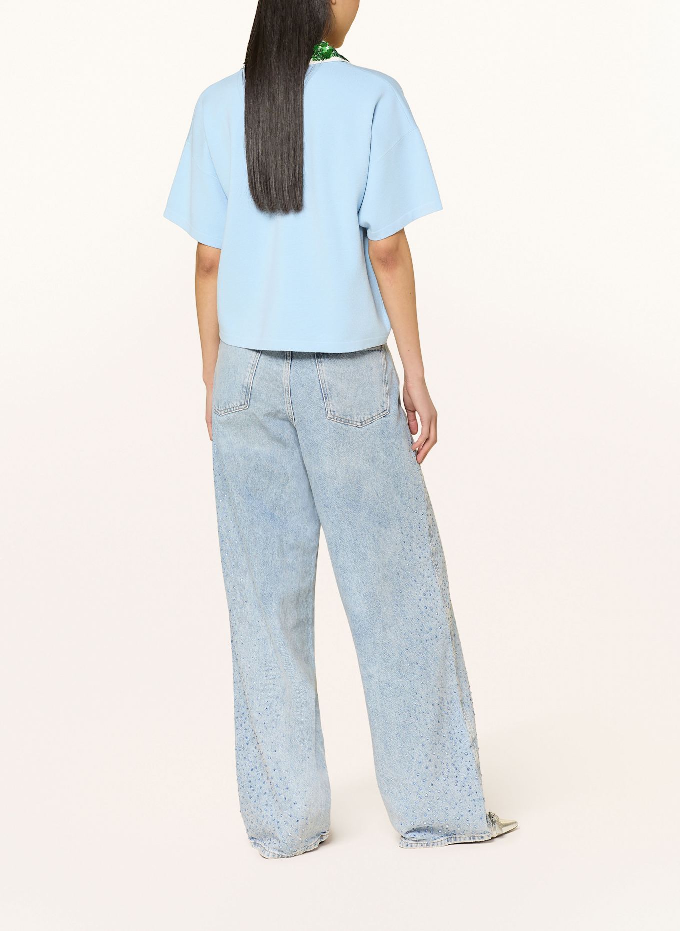 ESSENTIEL ANTWERP Úpletová polokošile HOISEAU s flitry: TMAVĚ MODRÁ / BÍLÁ / ZELENÁ