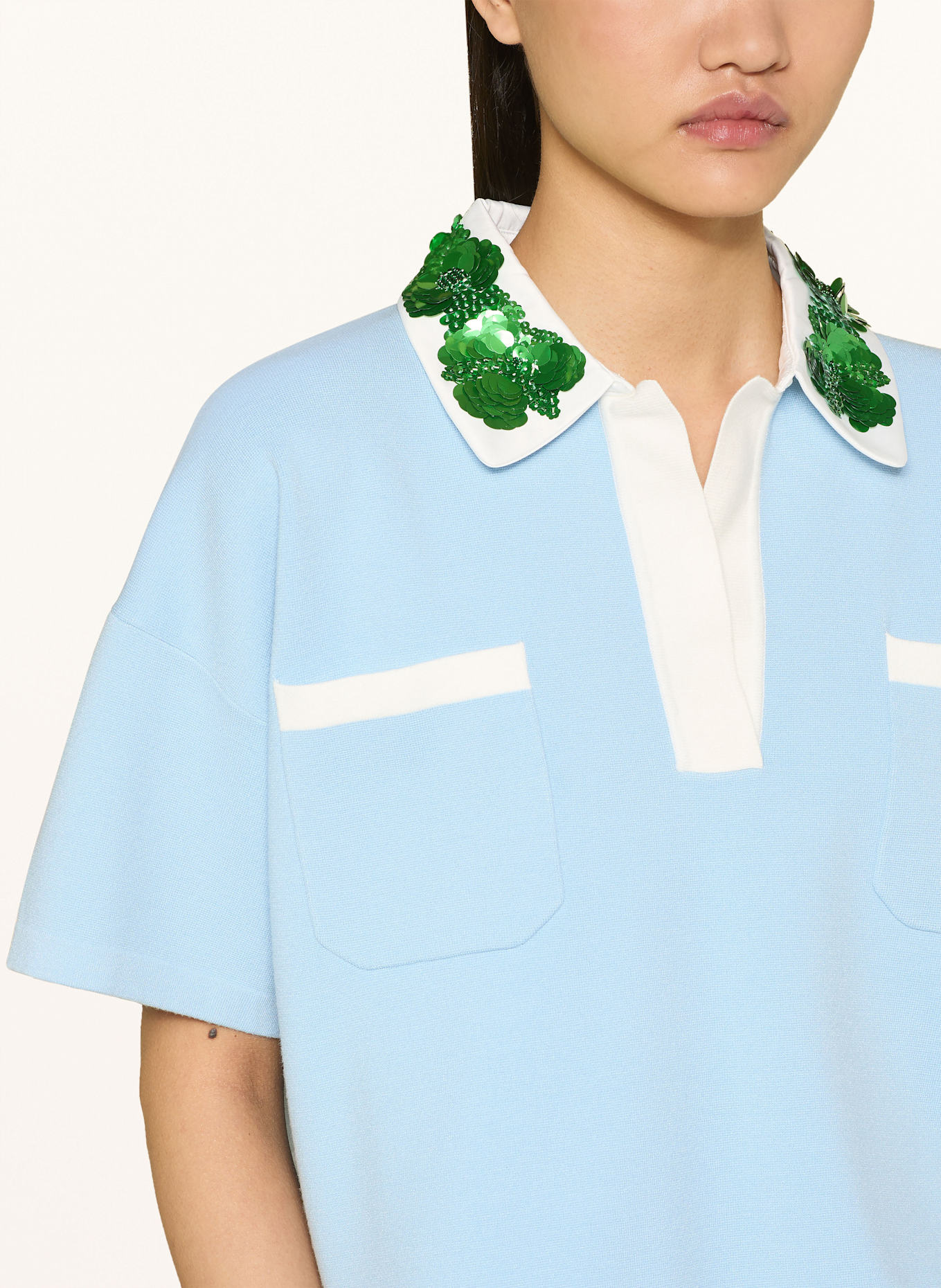 ESSENTIEL ANTWERP Úpletová polokošile HOISEAU s flitry: TMAVĚ MODRÁ / BÍLÁ / ZELENÁ