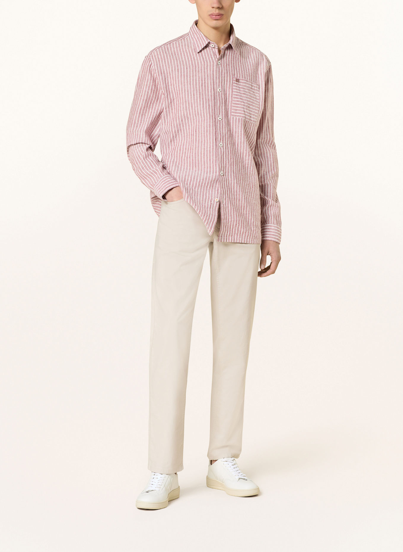 NAPAPIJRI BROLIO Comfort Fit shirt with linen: DARK RED/ WHITE