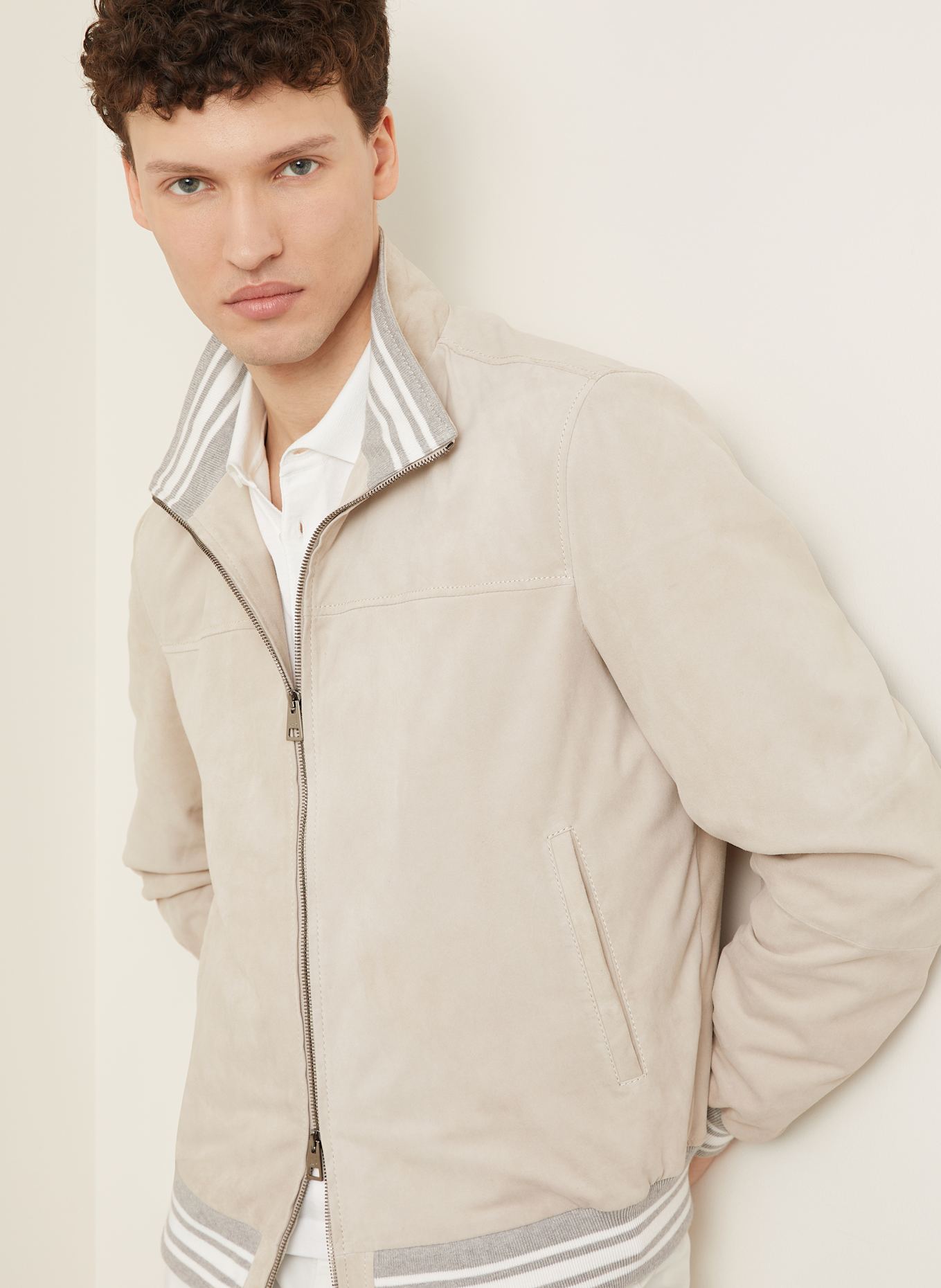 manzoni 24 Leather bomber jacket: BEIGE