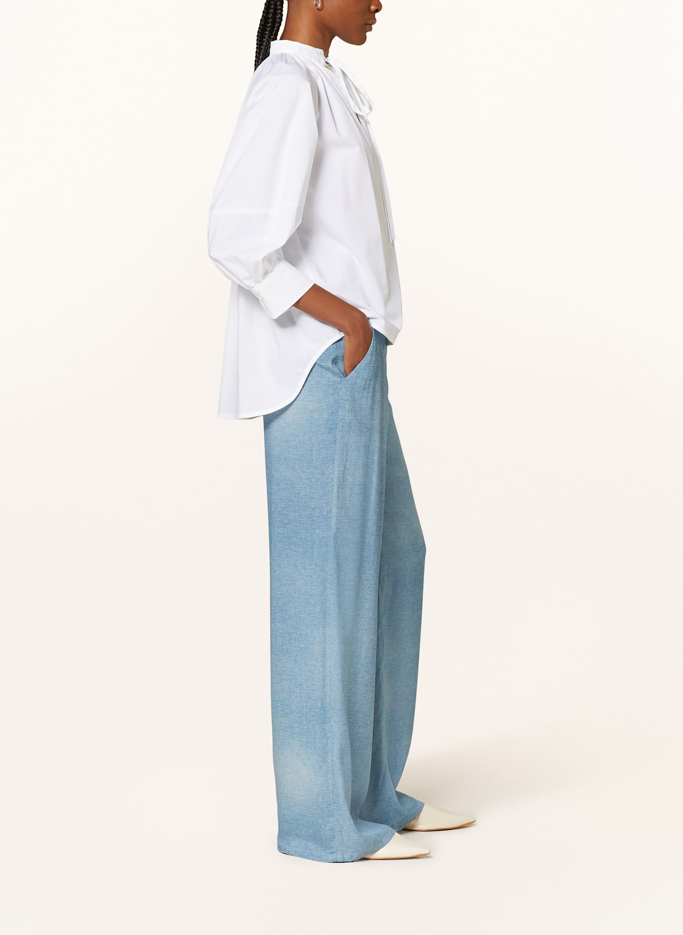 SLY 010 "Wide leg trousers" in denim look with silk: LIGHT BLUE