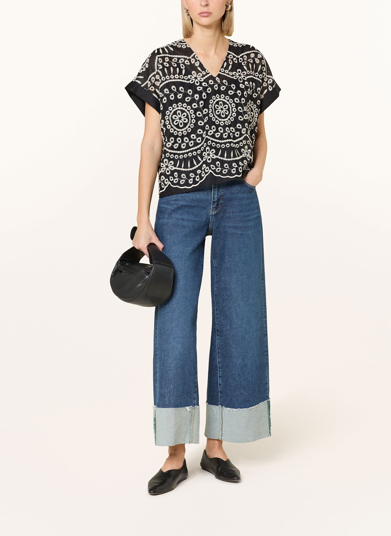 LANIUS Blusenshirt aus Lochspitze: SCHWARZ / BEIGE