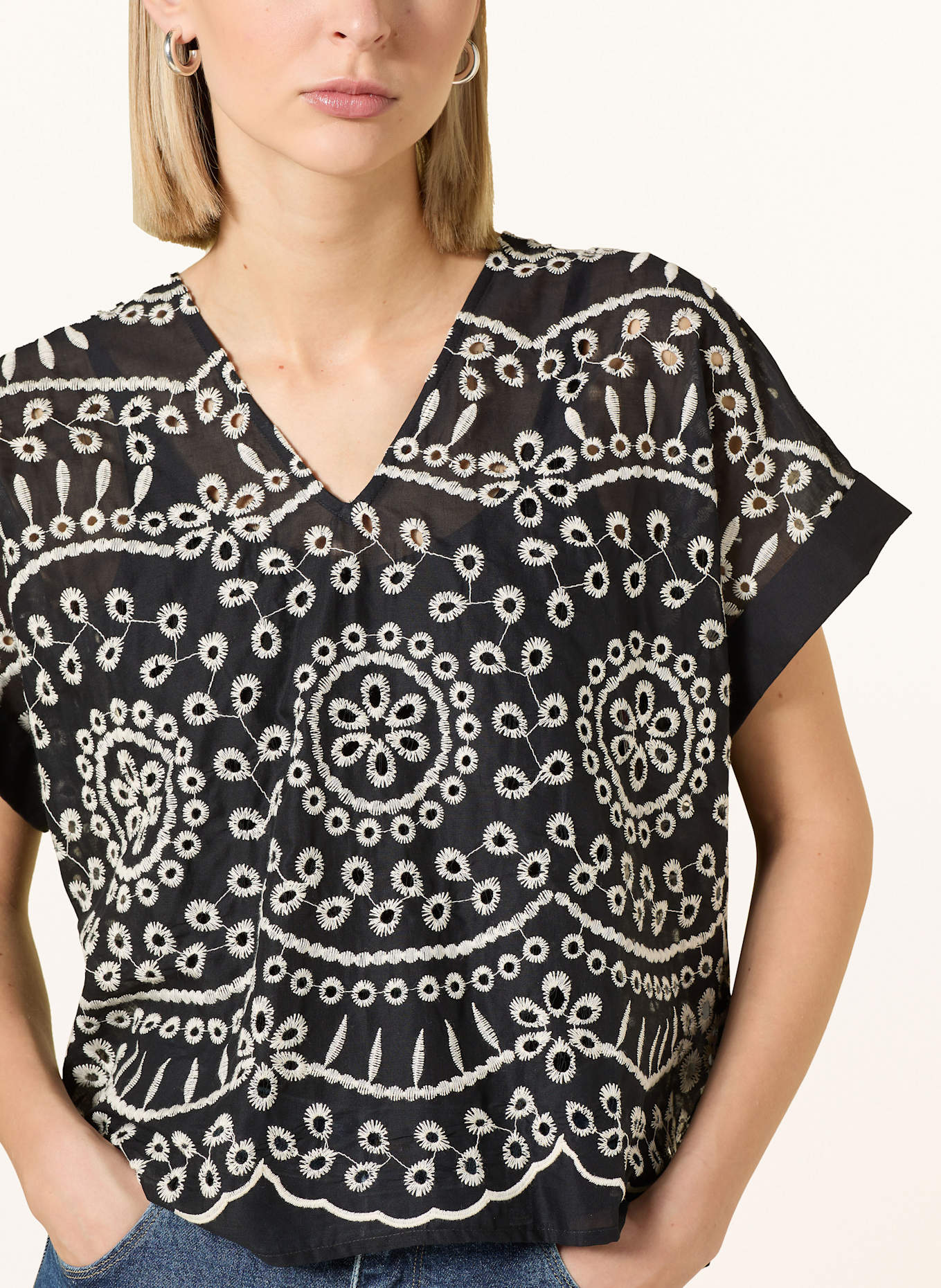 LANIUS Blusenshirt aus Lochspitze: SCHWARZ / BEIGE