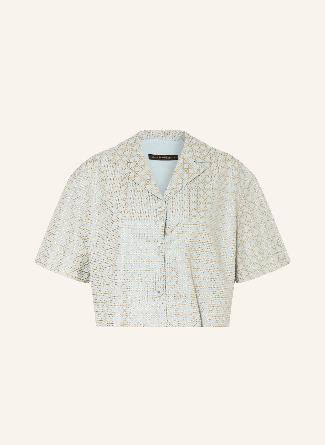 Greek Archaic Kori Cropped-Bluse CROSS mit Glitzergarn: HELLBLAU / GOLD